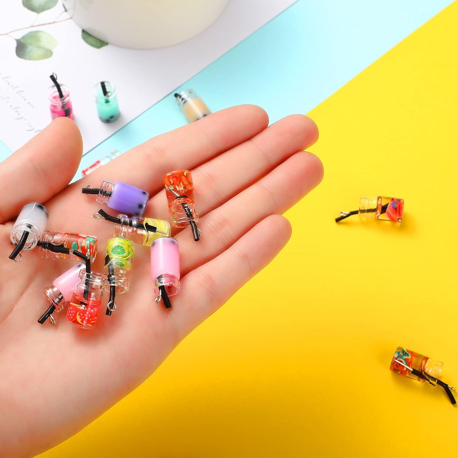 104 Pcs Milk Tea Charm Boba Charms Mini Colorful Bottle Charms Fruit Juice Pendant for DIY Jewelry Craft Earring Keychain
