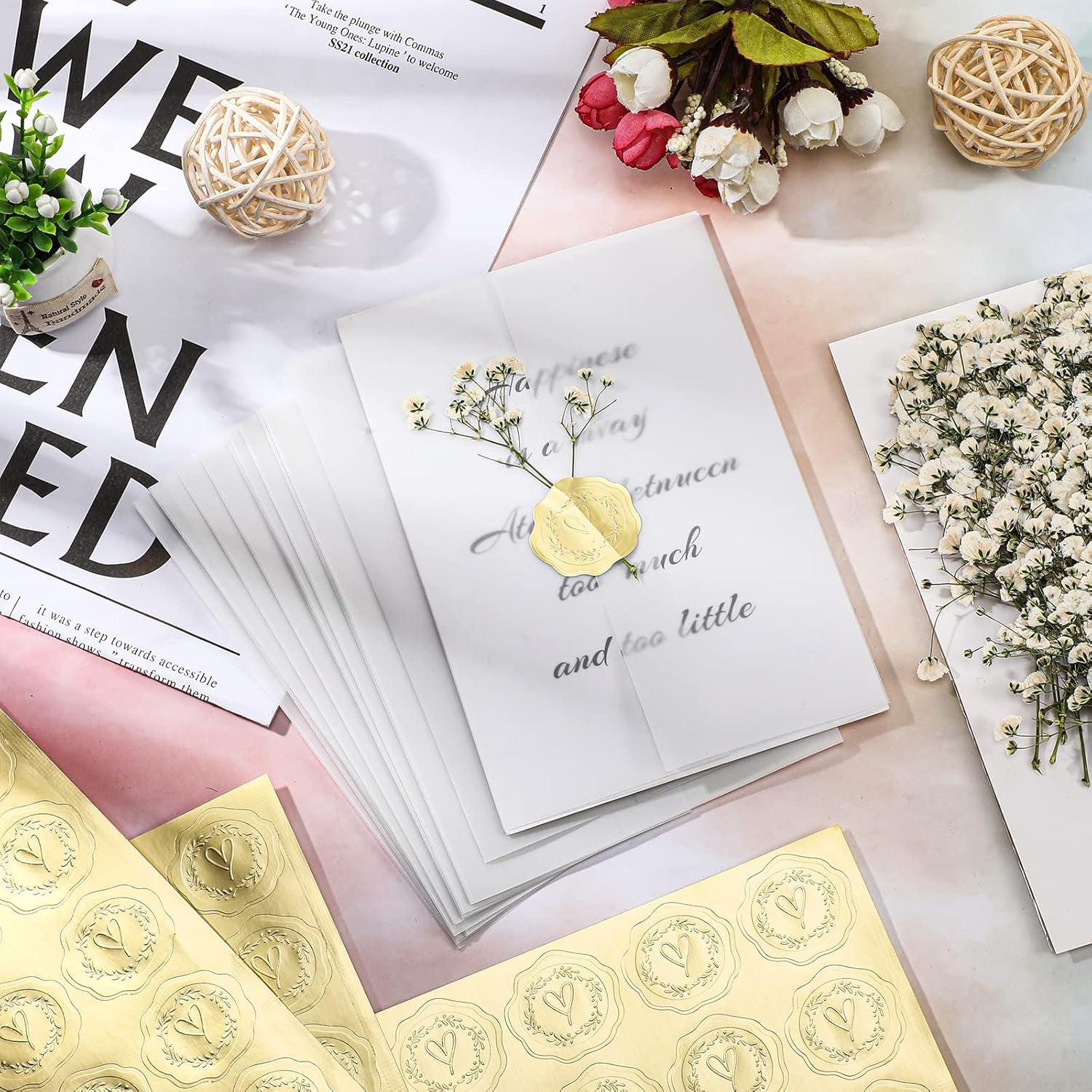 50 Pcs Wedding Invitations Wraps Set Include Pre Folded Vellum Jackets for 5X7 Invitations Natural Dried Pressed Flowers Gold Self Adhesive Envelope Seal Stickers for Craft DIY