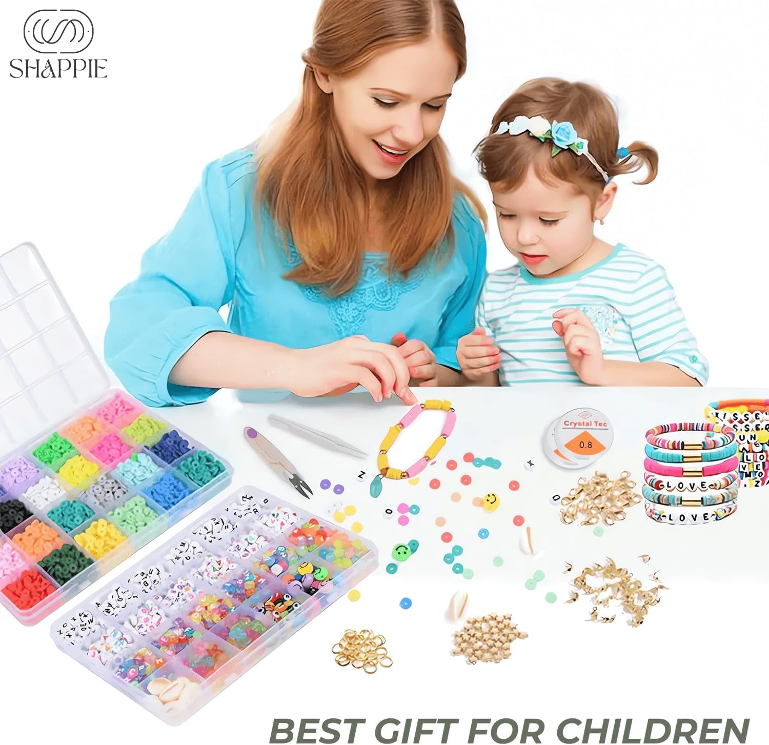 SHAPPIE Bracelet Making Kit with 18,500 Pcs & 120 Colorful Clay Beads – Heishi Beads for Necklace, DIY Bracelets & Earrings