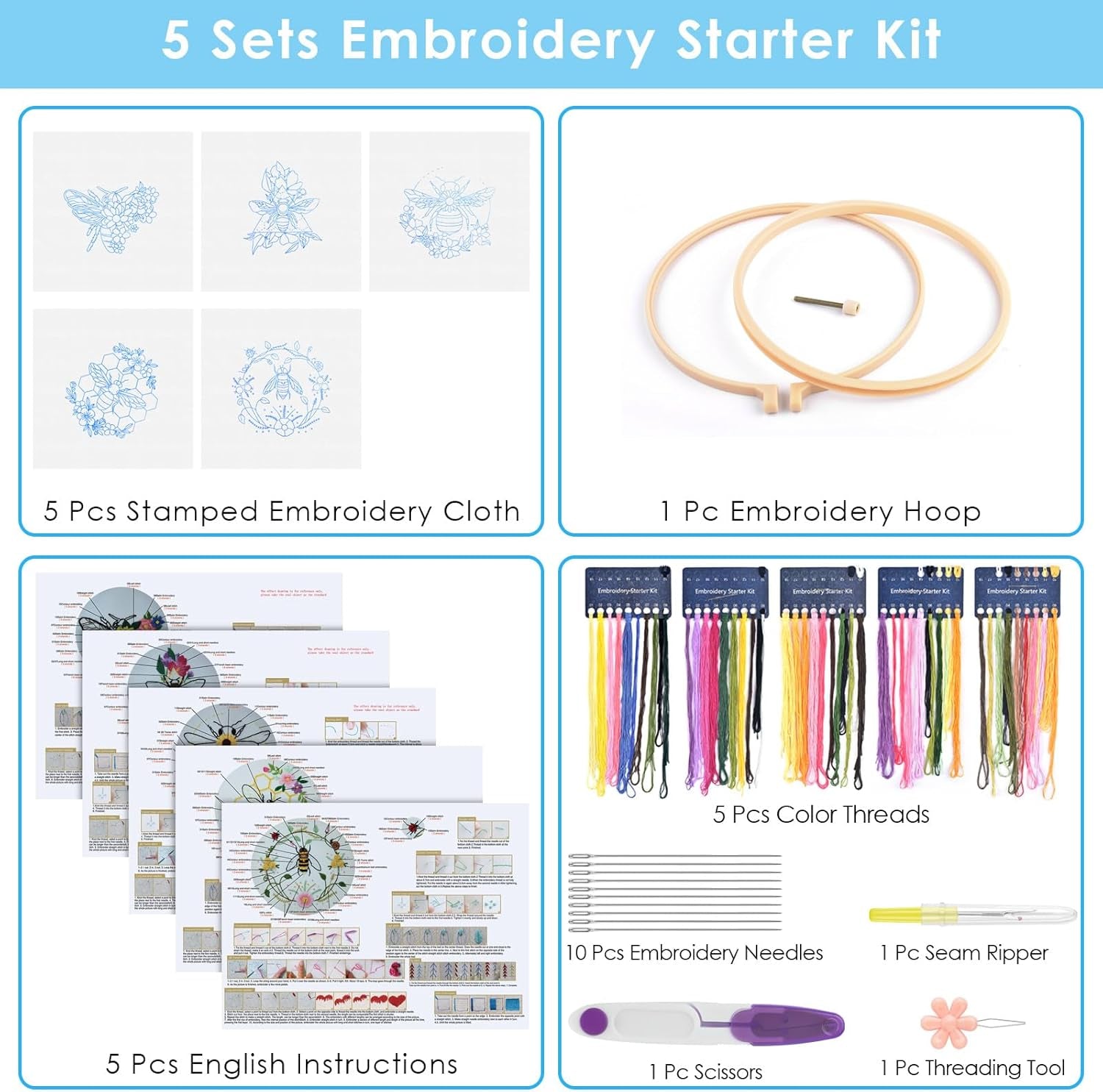 5 Sets Embroidery Kit for Beginners, Art Craft Handy Sewing Set Bees and Flowers Patterns Cross Stitch Starter Kits, DIY Embroidery Kits with Patterns and Instructions Hoops Needles Threads