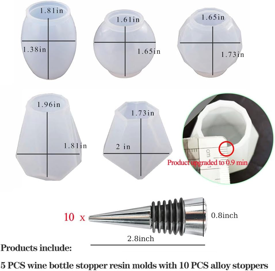 JOFAVIU 15 Pcs Resin Wine Bottle Stoppers Molds Set, Wine Stopper Silicone Molds for Epoxy Resin, Stopper Epoxy Resin Silicone Molds Set Kits (5 Molds with 10 Stoppers)