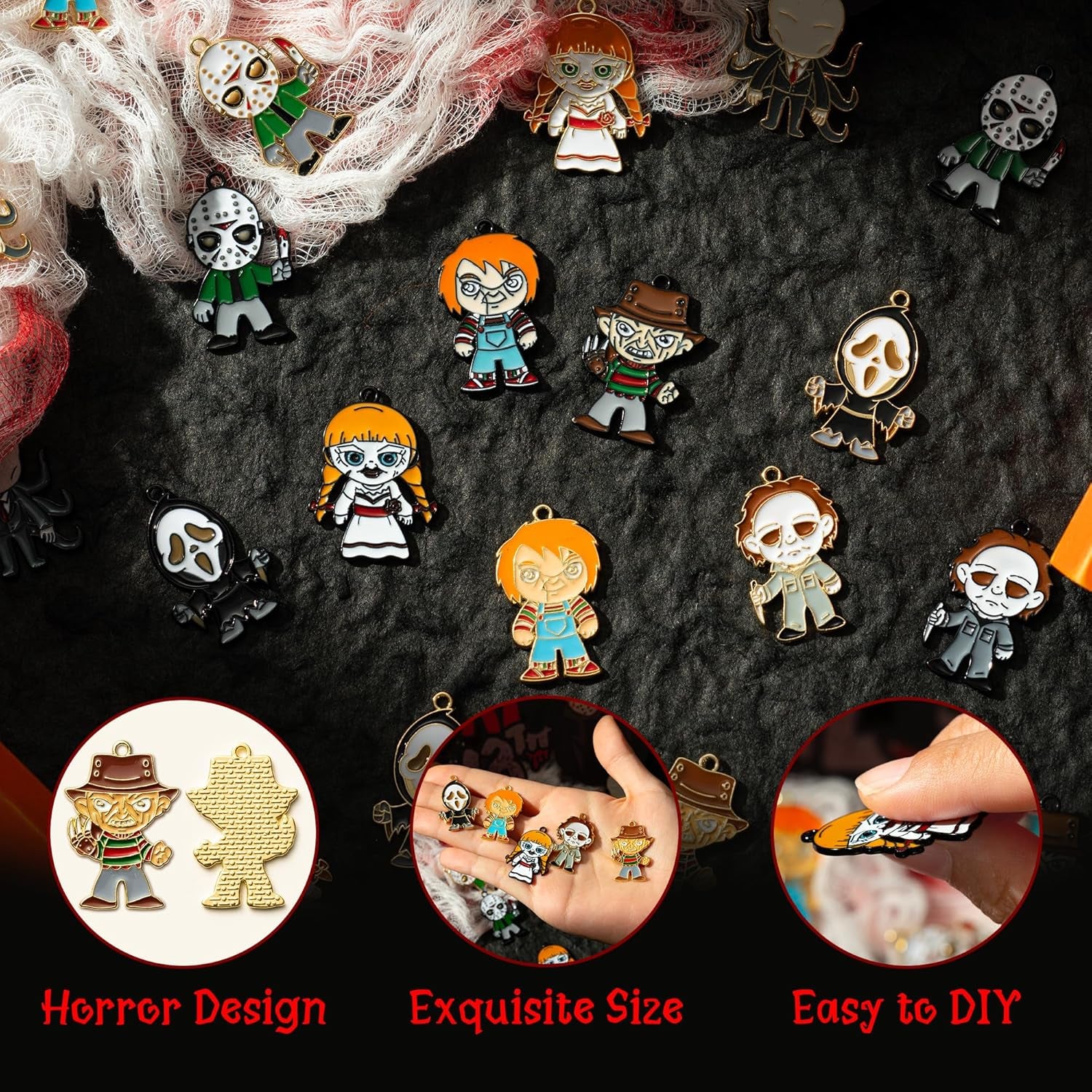 28Pcs Horror Classic Movie Character Charms Halloween Enamel Pendants, Horror Alloy Charm Pendant Ghost Dangle Halloween Scary Earring Necklace Bracelet Charms for Jewelry Making DIY Crafts Gifts