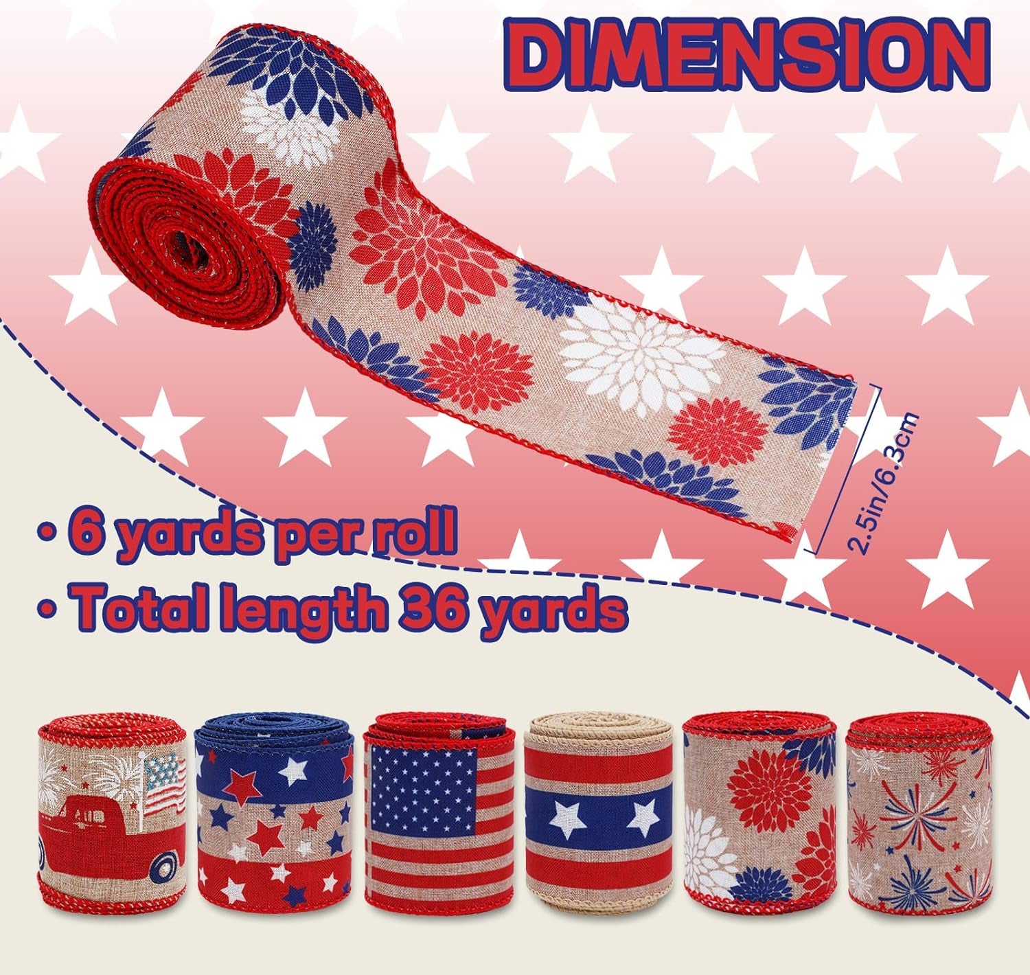 Patriotic Wired Edge Ribbon 36 Yards Red Blue White American Flag Ribbon 2.5 Inch 4Th of July Stars Stripes Fabric Ribbon for Independence Day Memorial Day Wreath DIY Craft, 6 Roll
