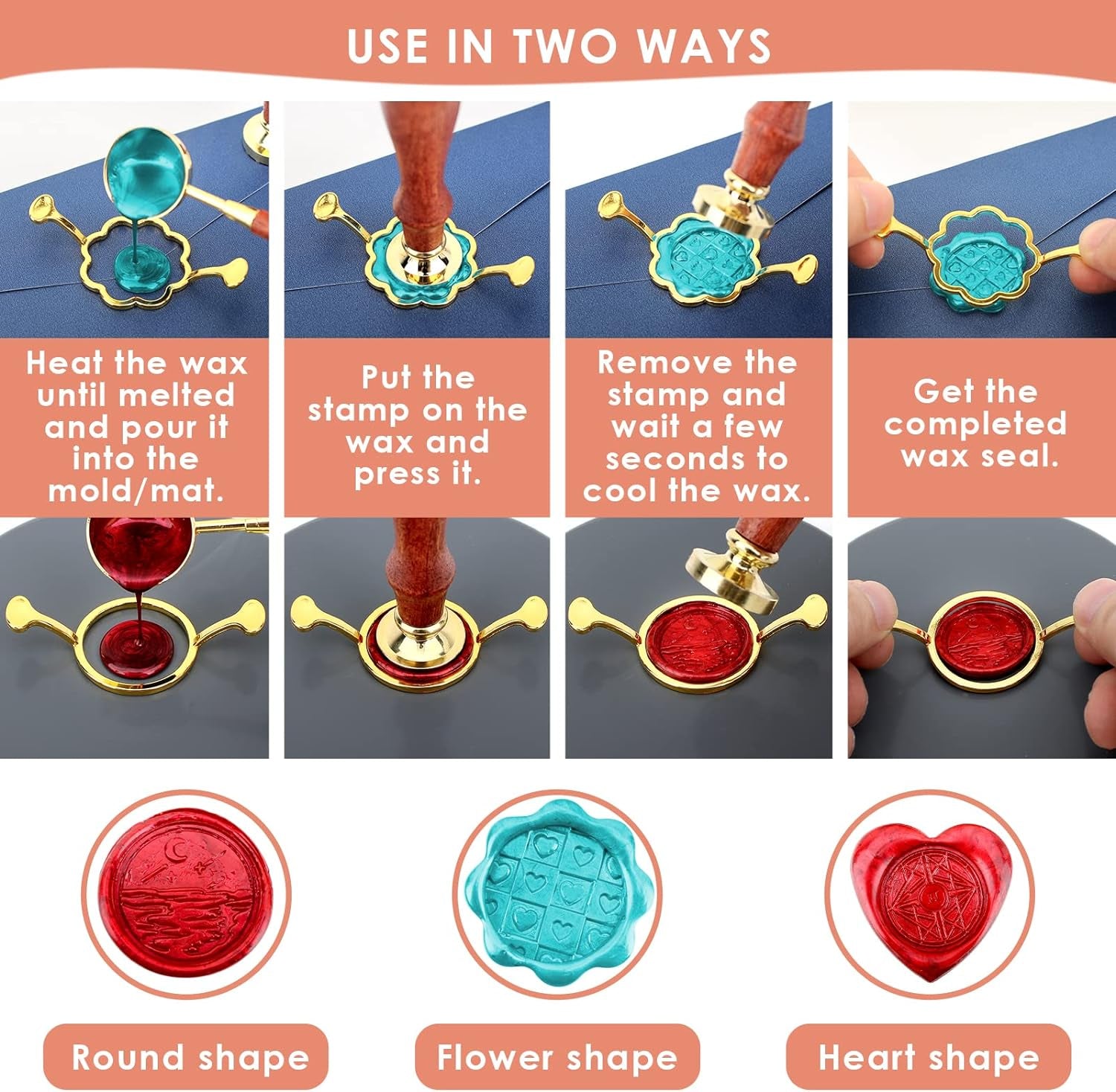 3-Pack Metal Wax Seal Molds with round Flower Heart Shape for 1 Inch Wax Seal Stamp, Silicone Wax Seal Mat, DIY Craft Adhesive Waxing for Wedding Invitations Envelopes Cards Gifts Wine Wrapping