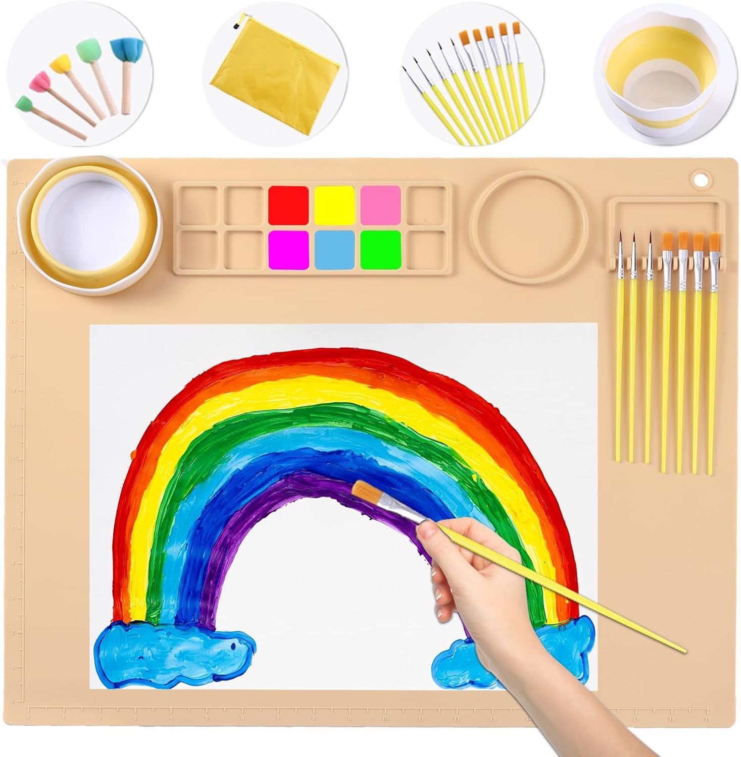 Silicone Craft Mat 20X16 Inch Large Silicone Art Mat with Detachable Cup Painting Mat with 10 Painting Brushes Silicone Drawing Mat Sheets for Kids Adult DIY Accessories (Blue)
