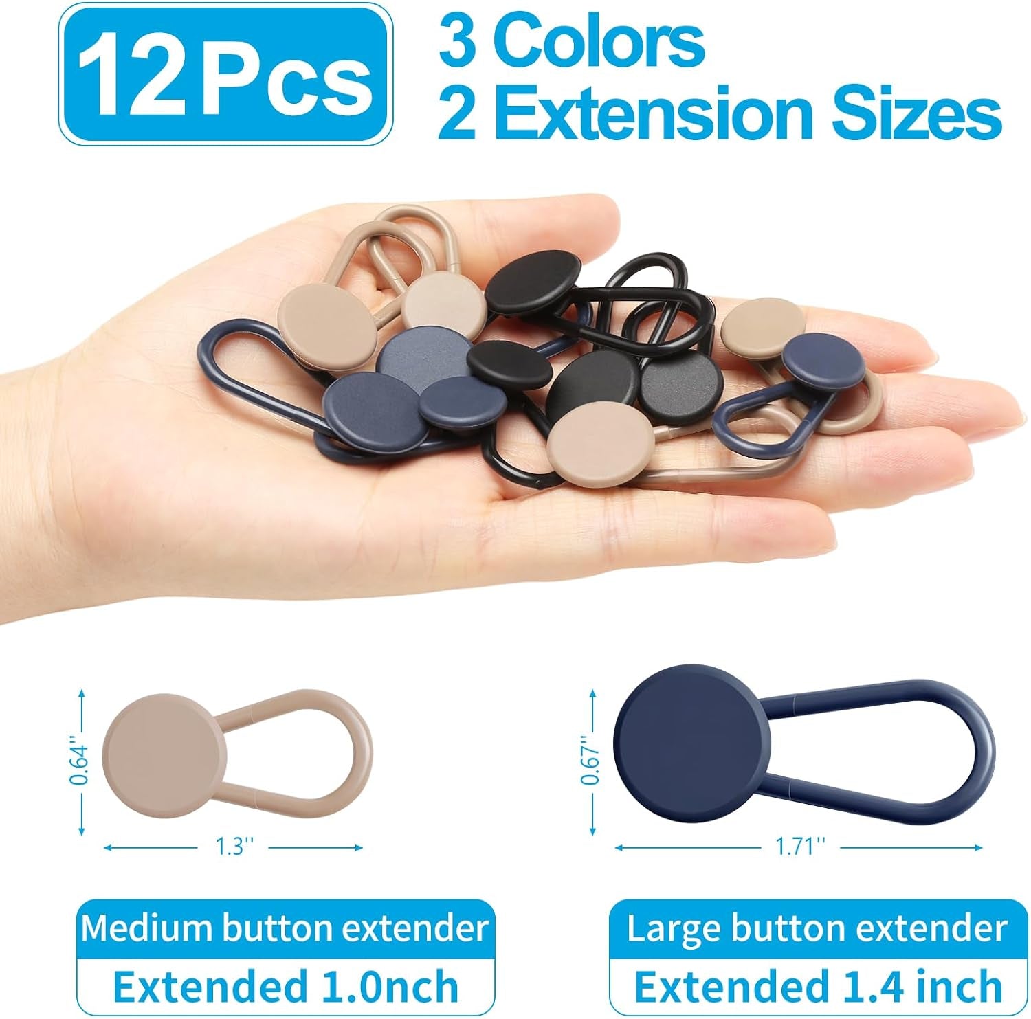 12PCS Button Extenders for Jeans, Pants Waist Button Extender for Women Men, 3 Colors Pant Waistband Expander, Pants Waist Extension 1-1.4 Inches