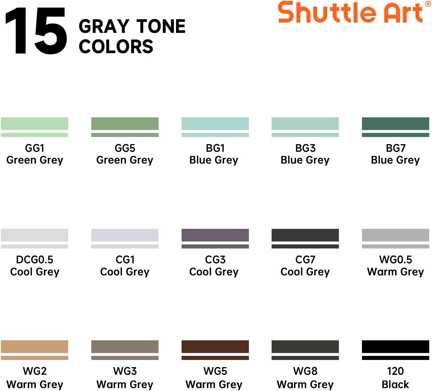 15 Colors Grey Tones Dual Tip Art Marker, Alcohol Based Marker Pens Double Ended with Fine and Chisel Point Tips Perfect for Drawing,Shading,Sketching,Designing,Outlining,Illustrating