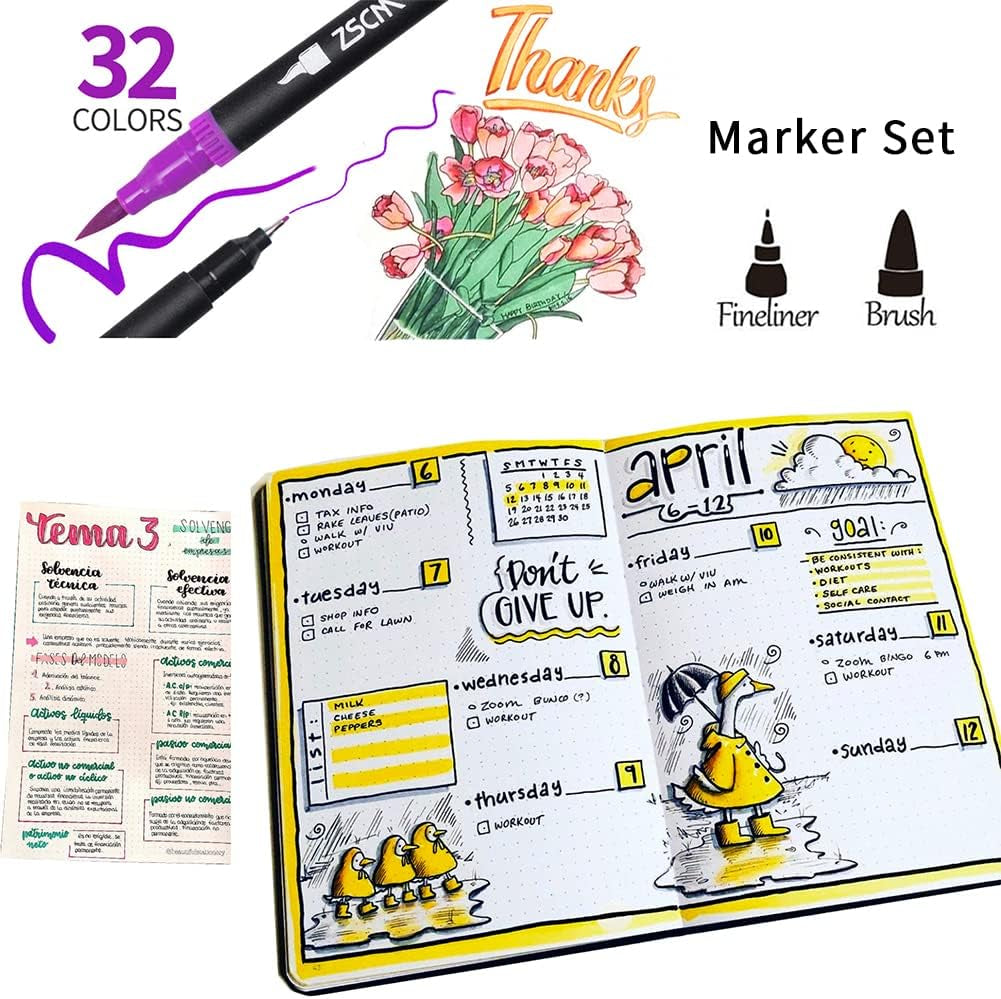 ZSCM 32 Colors Duo Tip Brush Markers Art Pen Set, Artist Fine and Brush Tip Colored Pens, for Adult Coloring Books Christmas Cards Drawing, Note Taking Lettering Calligraphy Journaling