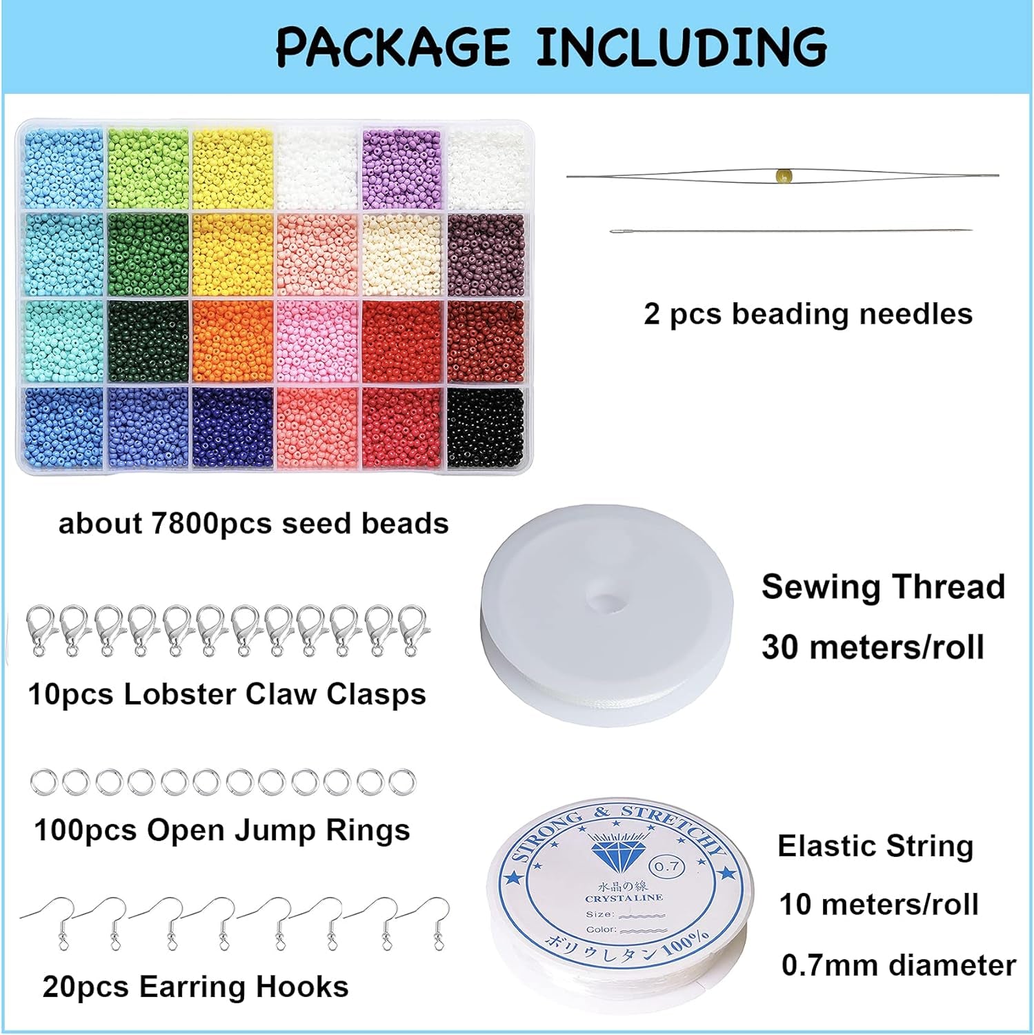 3Mm round Size Almost Uniform Glass Seed Beads with Beading Kit, about 7800Pcs in Box 24 Multicolor Assortment Size 8/0 Craft Seed Beads for Jewelry Making,(About 325Pcs/Color, 24 Colors)