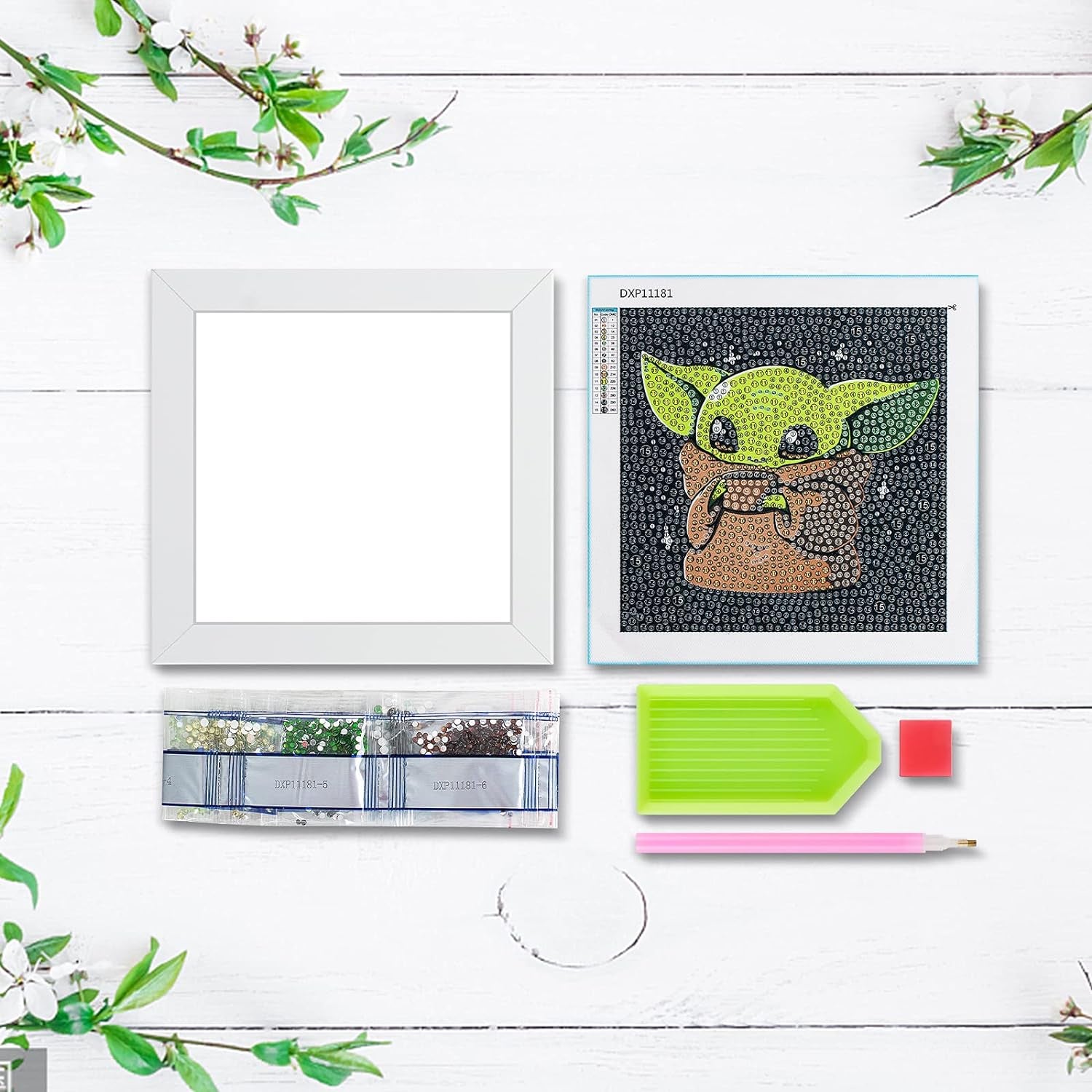 5D Diamond Painting Kit for Kids with Wooden Frame Easy Small Anime Diamond Painting Full Drill Diamond Art Gem Painting for Beginners 7X7 Inch (Baby Yoda)
