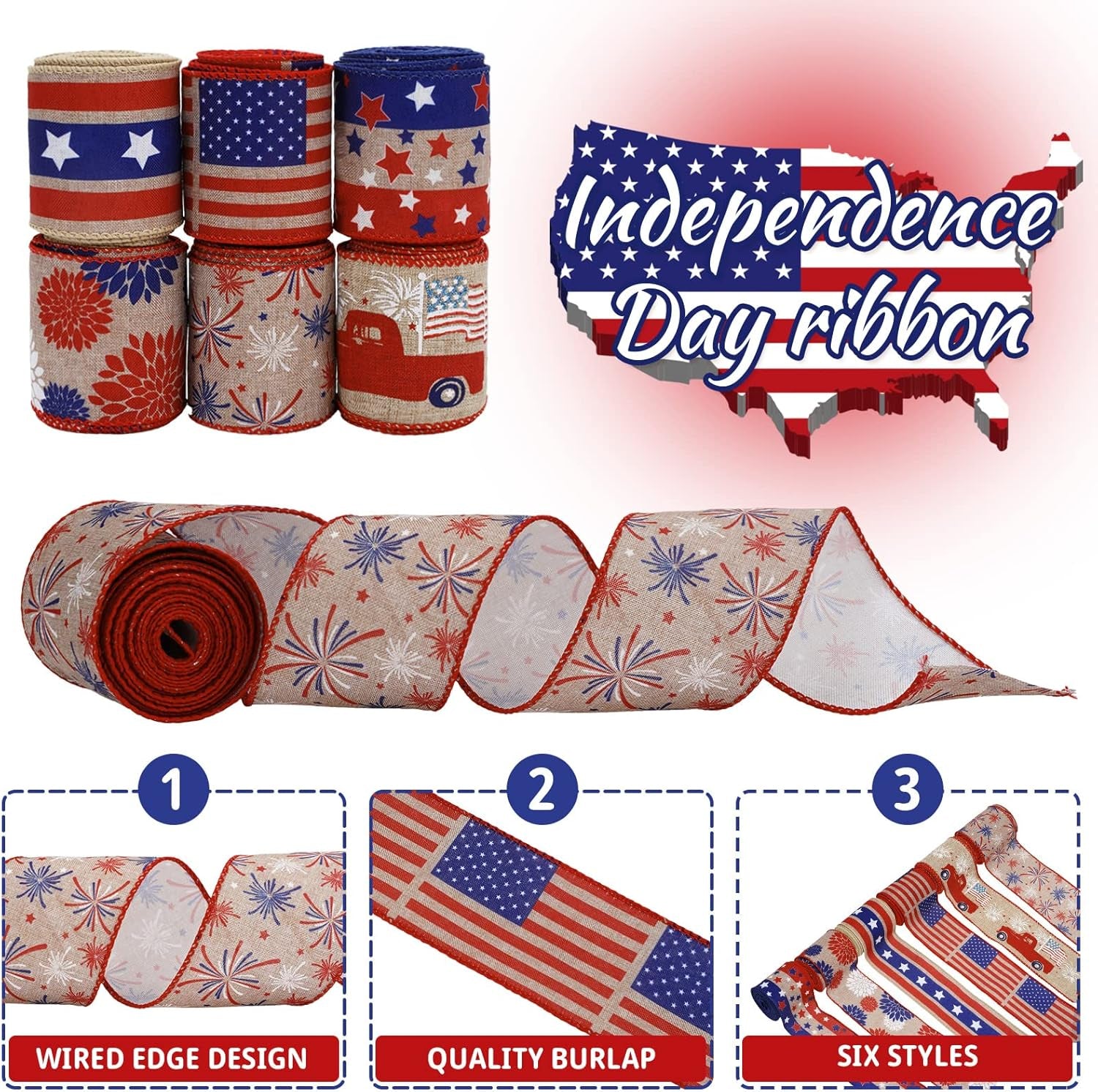 Patriotic Wired Edge Ribbon 36 Yards Red Blue White American Flag Ribbon 2.5 Inch 4Th of July Stars Stripes Fabric Ribbon for Independence Day Memorial Day Wreath DIY Craft, 6 Roll