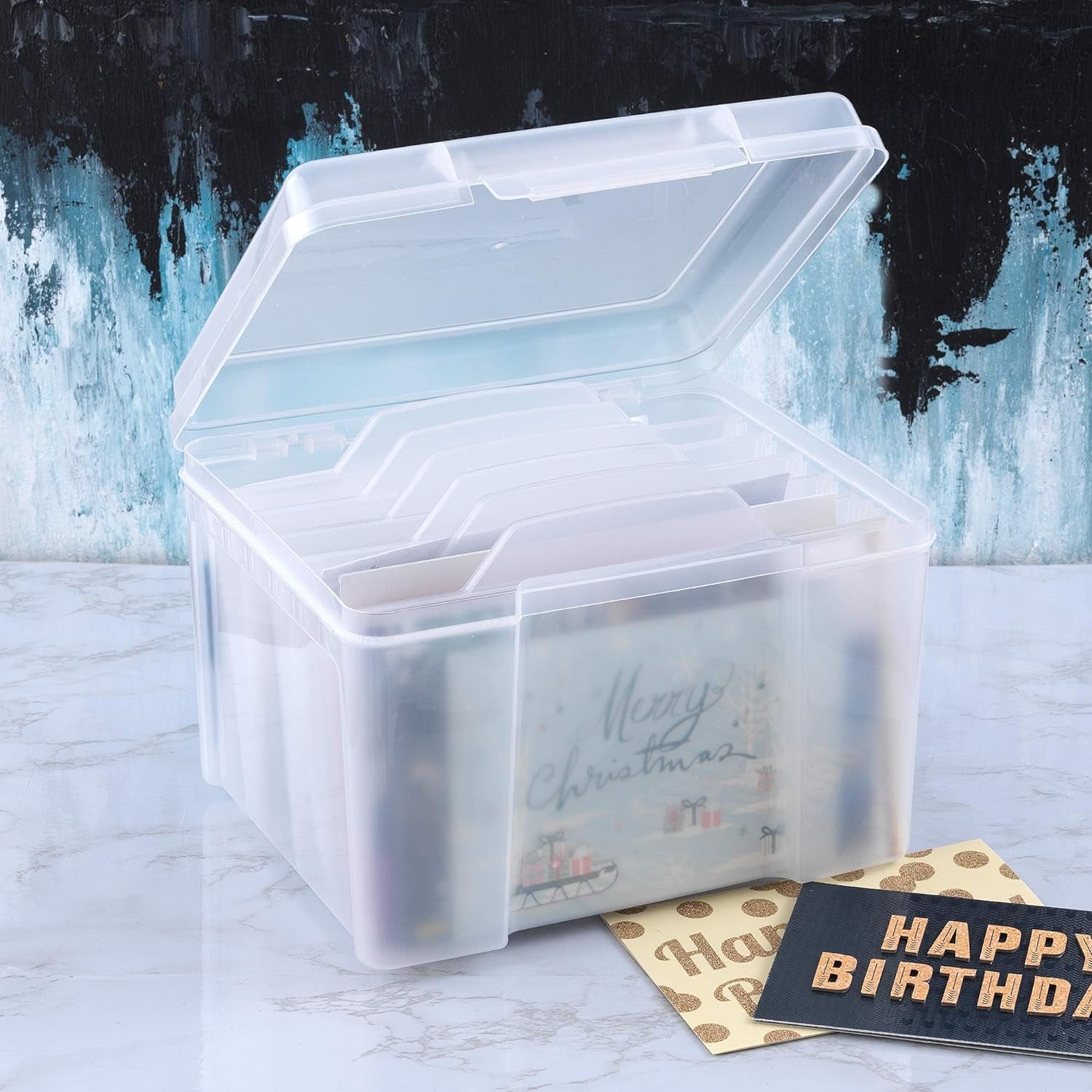 Greeting Card Organizer & Storage Box for Cards, 6 Adjustable Dividers, Plastic, Stackable, 10"L X 8.5"W X 7.5"H