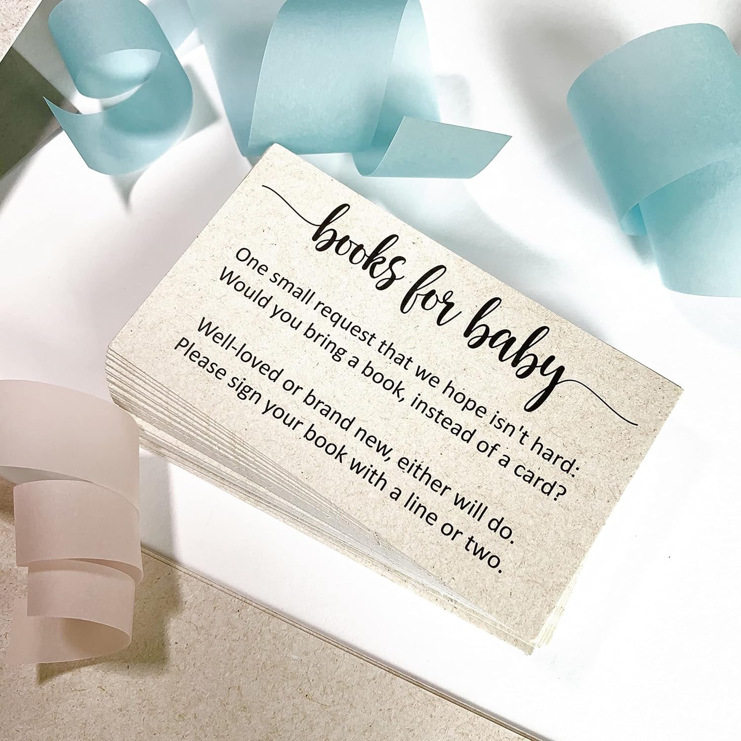 Books for Baby Cards (Set of 50) 3.5 X 2 Baby Shower Insert for Invitations, Business Card Size, Book Instead of Card Request Gift, Small Rustic Kraft Tan - Made in USA