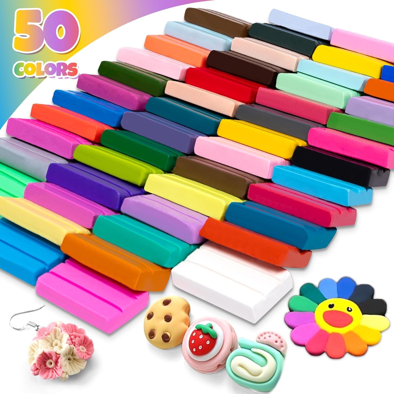 Polymer Clay, 50 Colors Modeling Clay for Kids, Non-Sticky Oven Bake Clay with Sculpting Tools and Accessories, DIY Starter Kits, Christmas Gift for Children and Artists