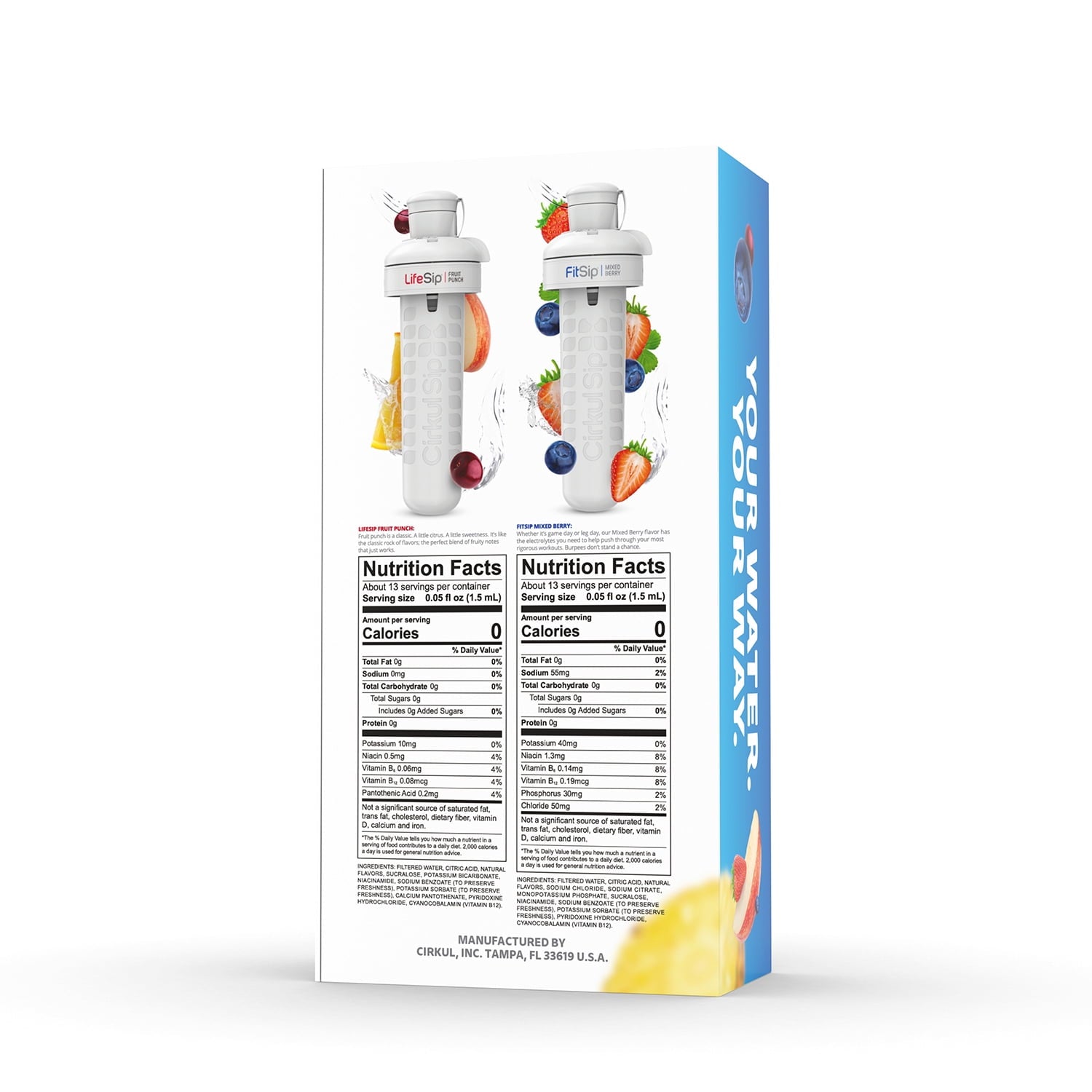 Cirkul 22 oz Starter Kit | Plastic Water Bottle with Blue Lid &amp; 2 Flavor Cartridges (Fruit Punch &amp; Mixed Berry)