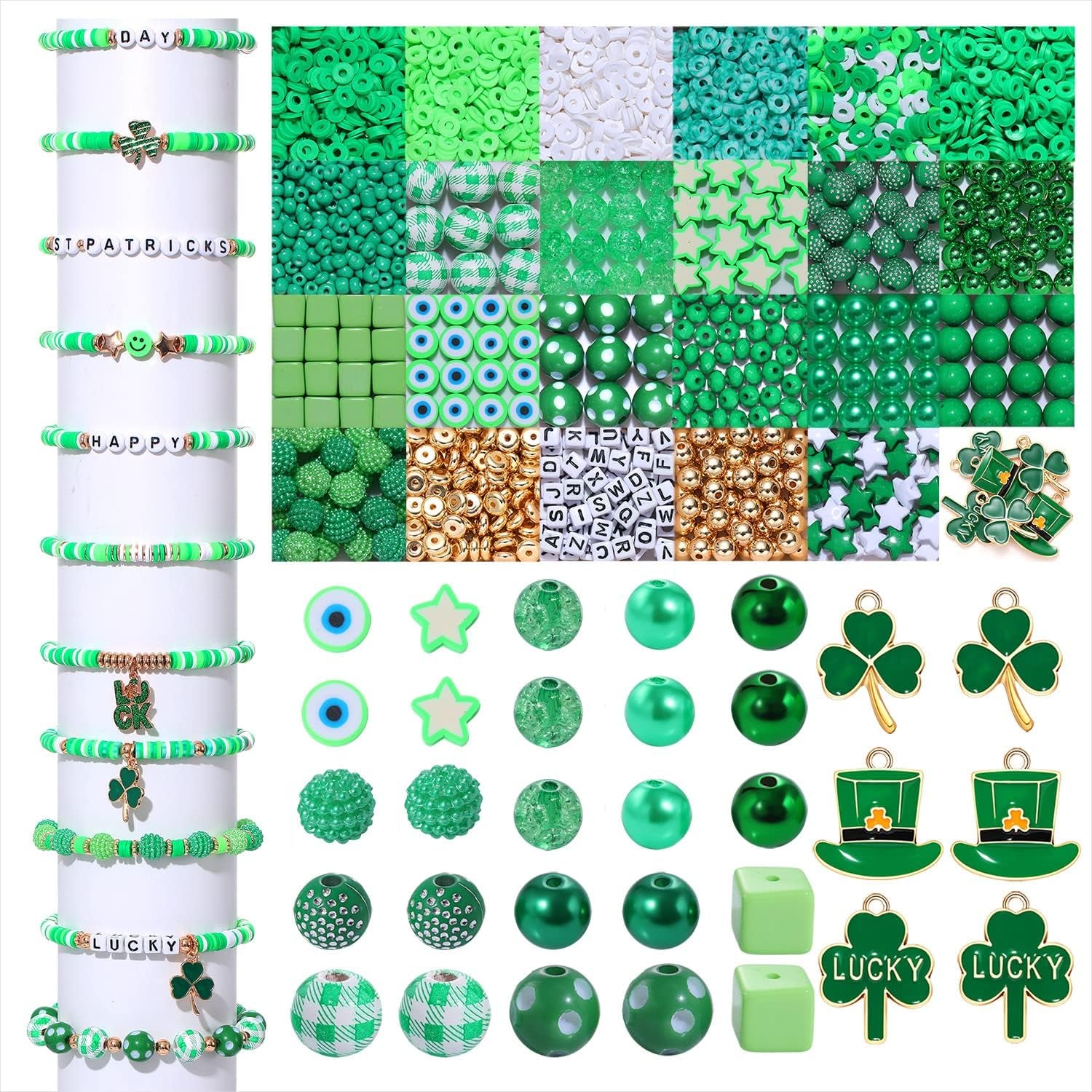 2566PCS+ St. Patrick'S Day Beads for Jewelry Making Green Heishi Pearl Star Letter Clay Wooden Irish round Loose Beads with Enamel Luck Shamrock Hat Pendants for DIY Necklace Bracelets Making Kit