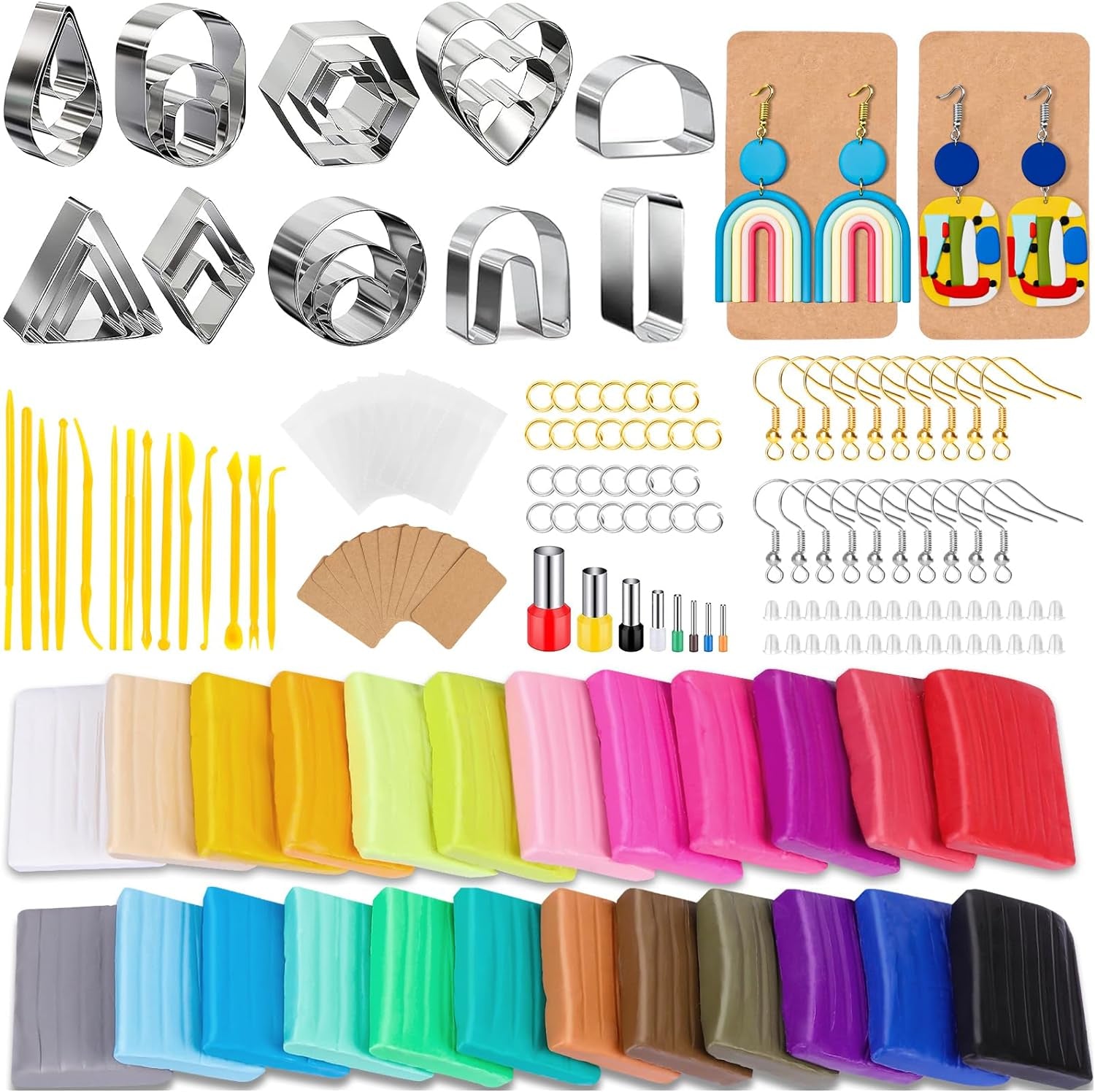 Polymer Clay Earrings Making Kit with 32Pcs Polymer Clay Cutters, 24Pcs Oven Bake Clay, 30 Set Earring Rings&Hooks, Modeling Clay Jewelry Making Kit for Teen Girls