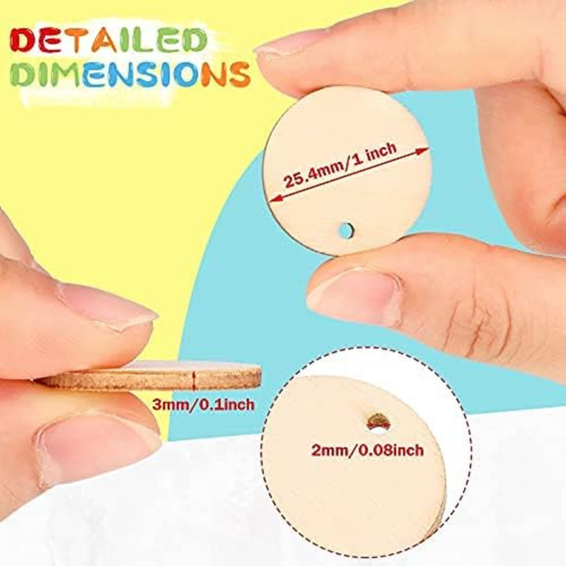 200 Pieces Unfinished Blank Wood Circle Pendants round Disc Circle Wood Pieces round Wooden Disk with Hole Small Wooden Pendant for Craft Decoration Embellishment (Diameter 1 Inch, Aperture 0.08 Inch)
