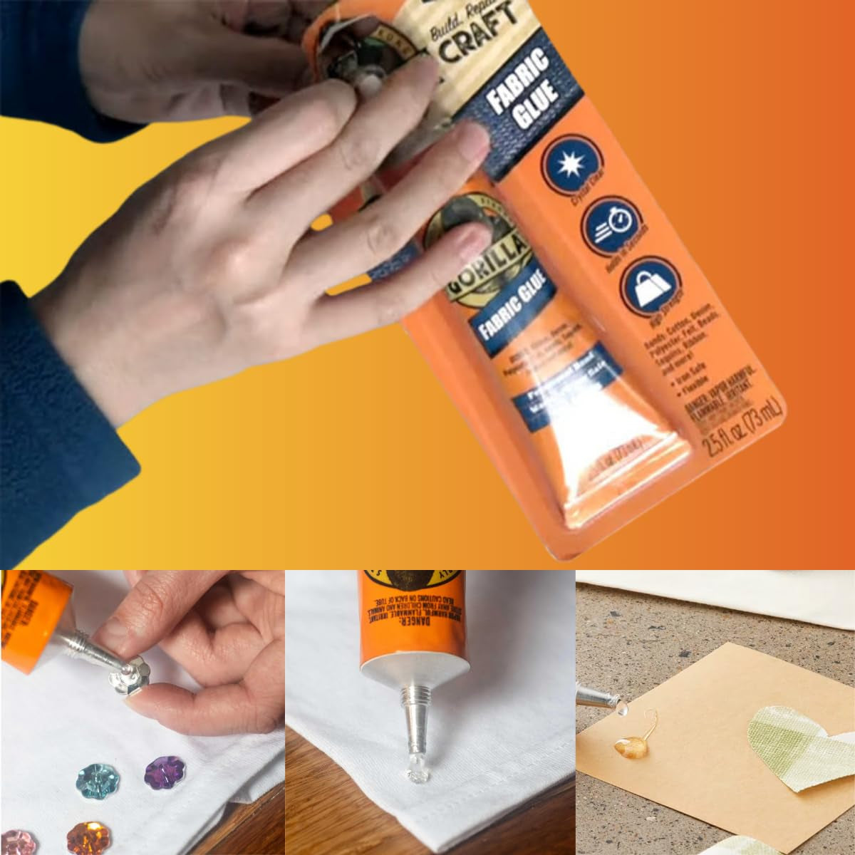 Gorilla Fabric Glue 2.5OZ - 2 Packs with Glue Spreaders | Fabric Fusion, Clothing, and Upholstery Glue | Permanent Clear Liquid Stitch Fabric Glue for Patches on Clothing