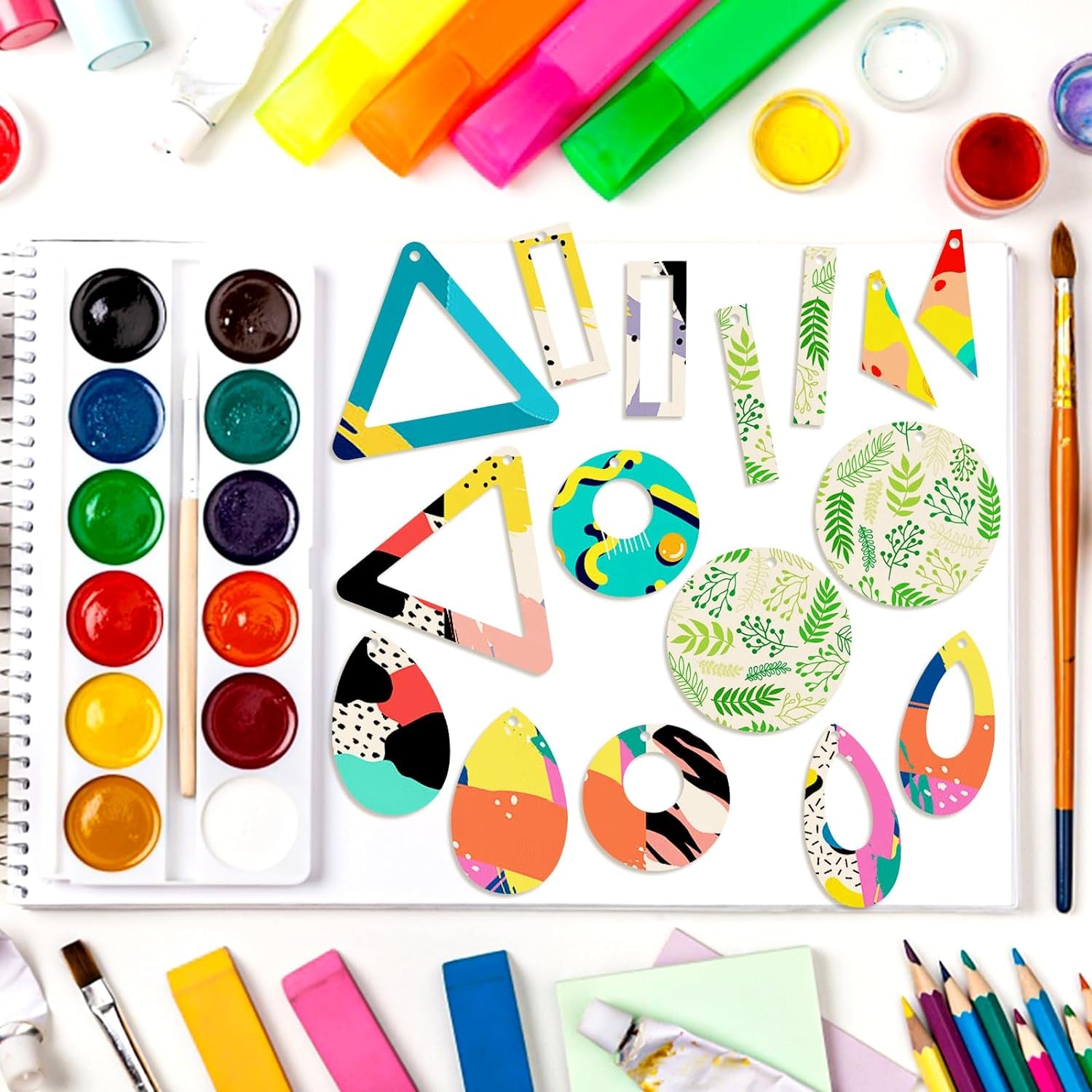 280 Pieces Unfinished Wooden Earrings Blanks Wooden Teardrop/Circle/Triangle/Rectangle Shapes Earrings Pendants Wood Earring Pendant Pieces with 100 Pieces Hooks & 100 Pieces Rings