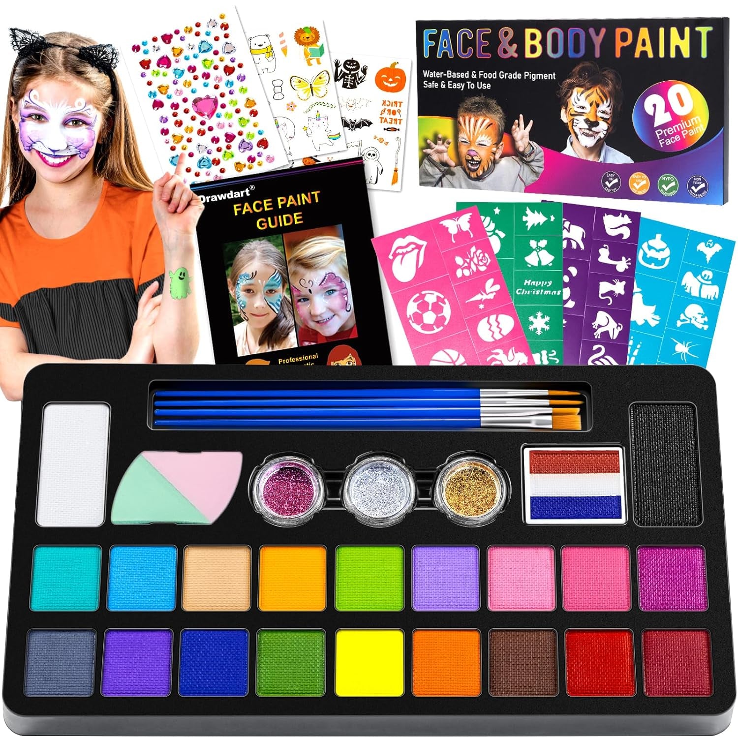 Face Painting Kit for Kids - 20 Colors Water Based Non Toxic Face Paint Kit, Professional Face Paint for Kids with Stencils &amp; Brushes - Parties, Birthdays, Halloween Face Body Makeup Kit
