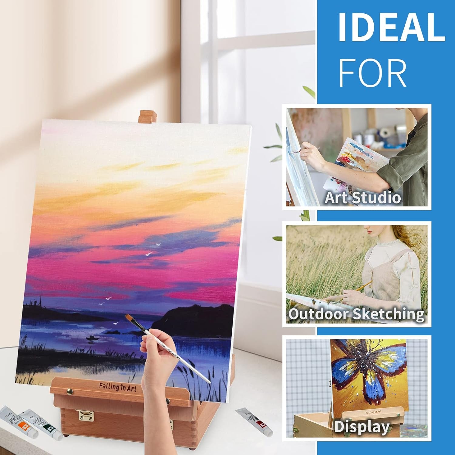 Wooden Tabletop Easel, Solid Wood Sketchbox Desktop Easel for Painting, Portable Art Drawing Easel for Beginners and Professionals
