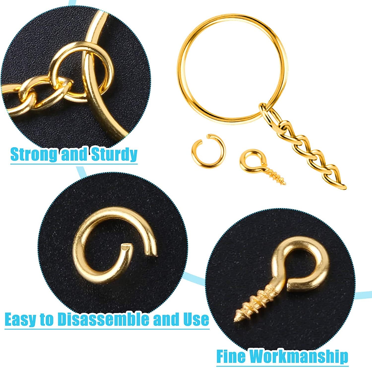Keychain Rings Kit for Crafts Gold,  Includes 100Pcs Split Key Ring with Chain, 100Pcs Jump Rings and 100Pcs Screw Eye Pins for Resin Keychain Making