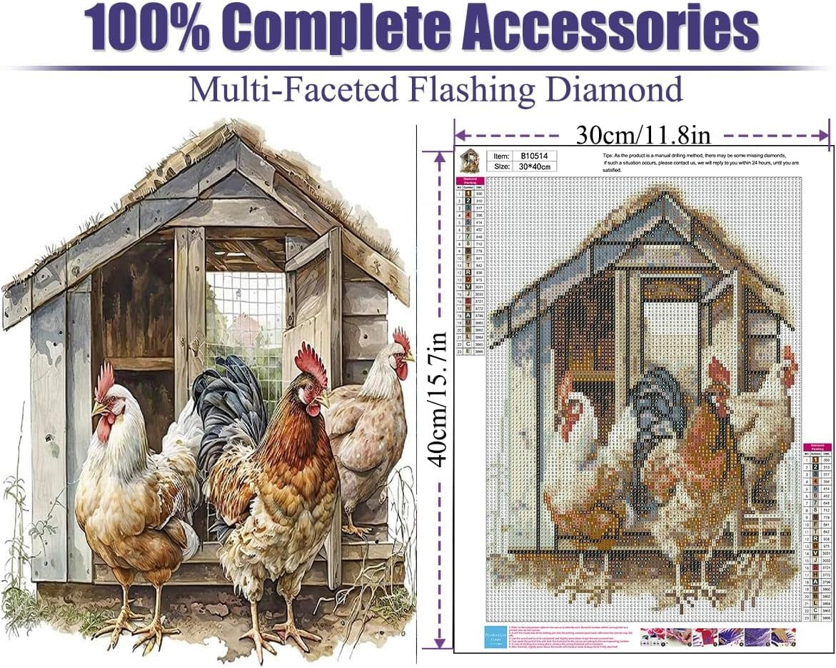 Diamond Painting Kits for Adults, Full Drill 5D Diamond Painting by Number Kits for Home Wall Decor, Diamond Art Kits B10514, DIY 5D Diamond Painting Chicken (12 X 16Inch)