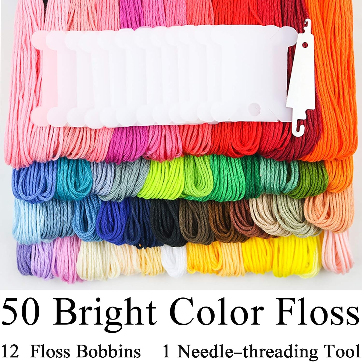 Embroidery Floss 50 Skeins Cross Stitch Thread Rainbow Color Friendship Bracelets Crafts Floss with 12 Pcs Floss Bobbins and 1 Pcs Needle-Threading Tool