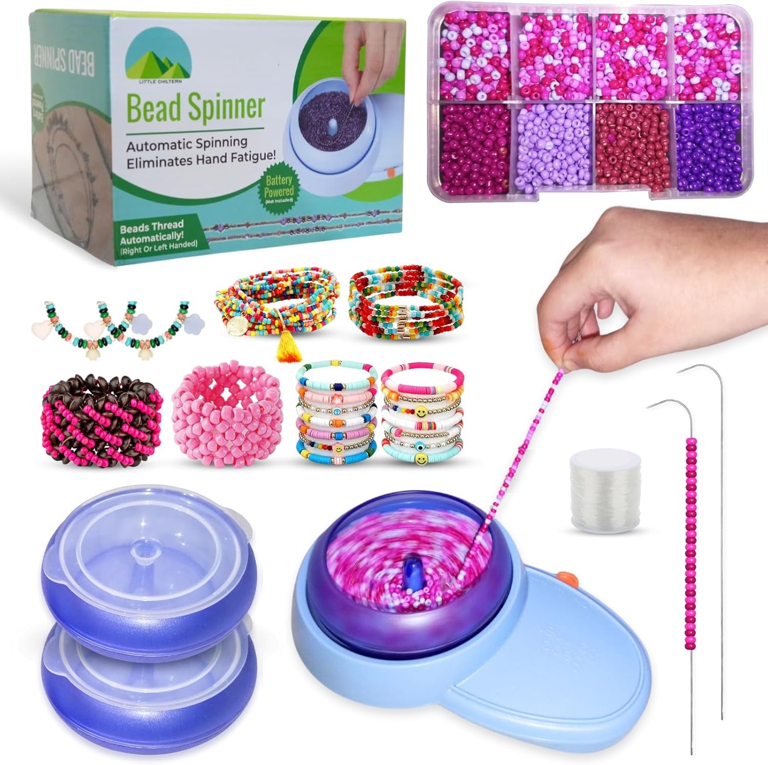 Electric Bead Spinner for Jewelry Making | Adjustable Speed Bracelet Spinner Kit with Forward &amp; Reverse Rotation | 3 Bowls with Lids | 2 Big Eye Bead Spinner Needles &amp; 8 Colored Beads