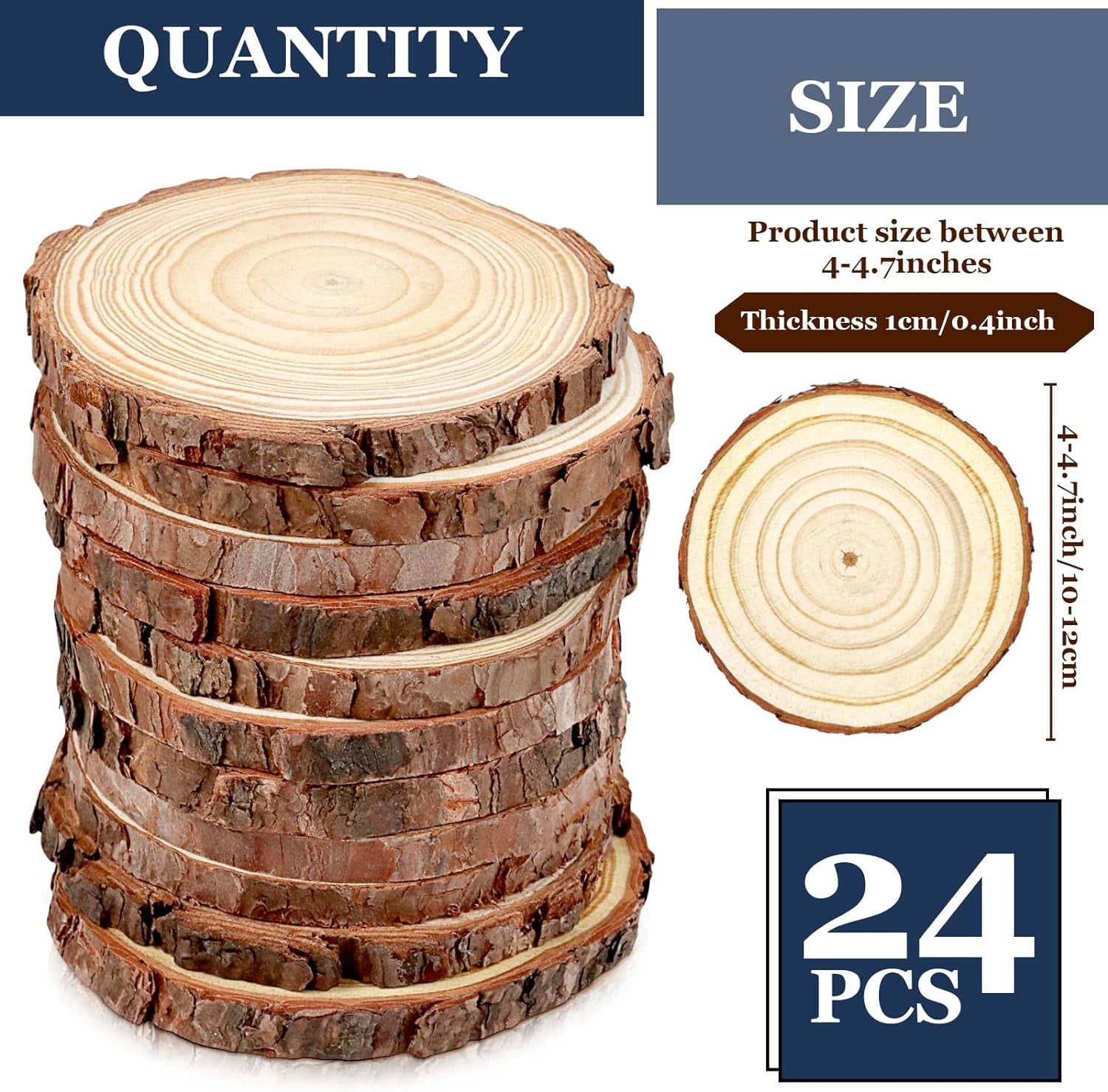 24 PCS Wood Slices Bulk, 4-4.7 Inch Unfinished Natural with Tree Barks Rustic Wedding Centerpiece Disc, Craft Wood Pieces for Circles Craft Christmas Ornaments and DIY Table Decorations