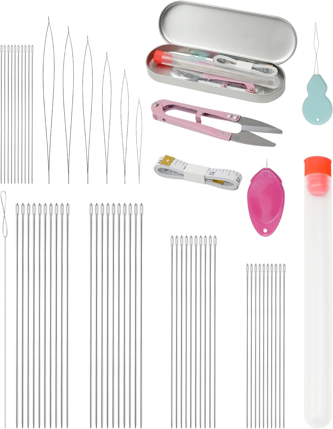 60 Pieces Beading Needle Set, 5 Sizes Species Big Eye Beading Needles (With Threader) Needle Bottle, Yarn, Embroidery Needle, Thimble Foldable Beading Needle Set for Jewelry Making