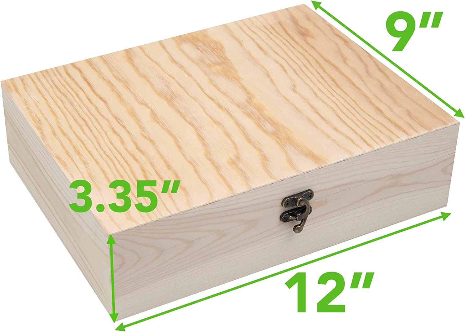 Unfinished Wooden Box with Hinged Lid for Crafts DIY Storage Jewelry Pine Box - 12" X 9" X 3.35"