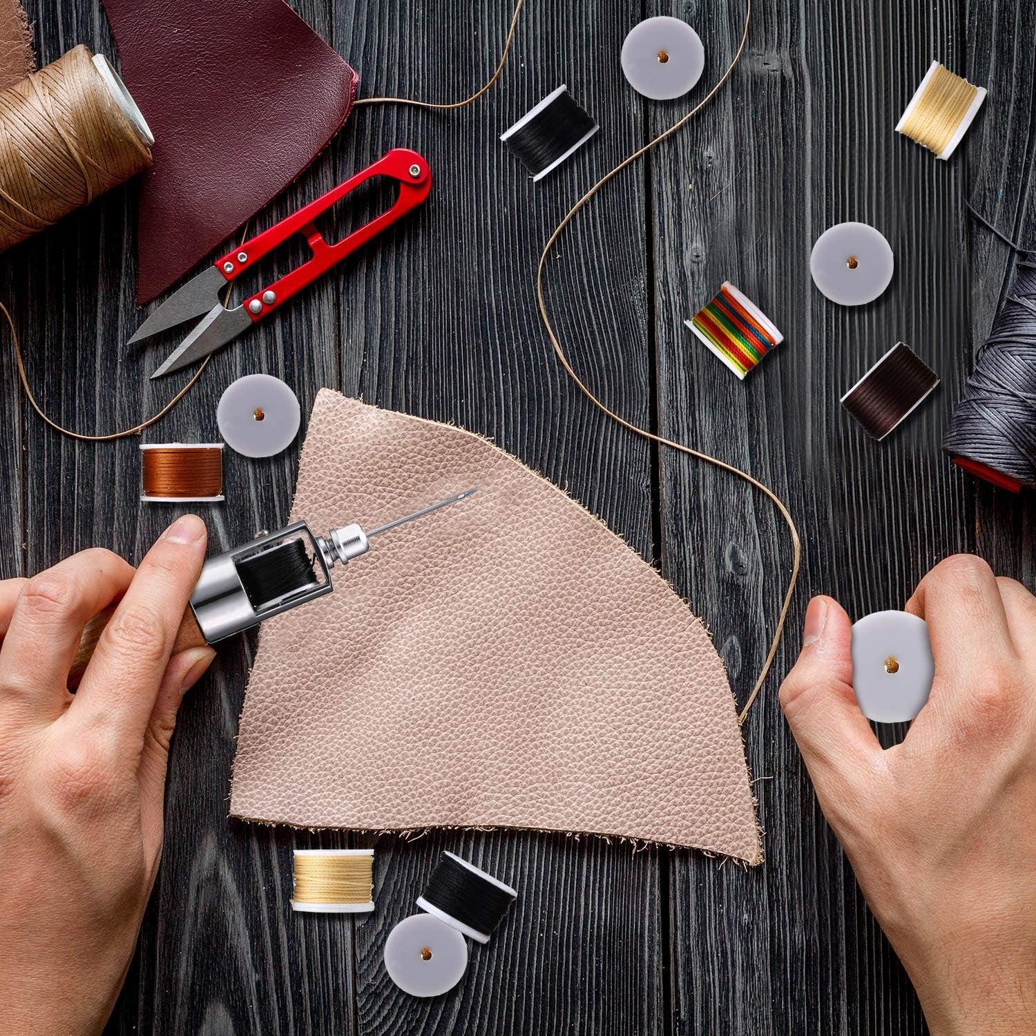 12 Pieces Leather Sewing Awl Hand Stitcher with Craft Accessories Set, Hand Awl Tool, 3 Sizes Needles and Replacement Spools of Thread, Stitching Awl Tool Kit (Multicolor)