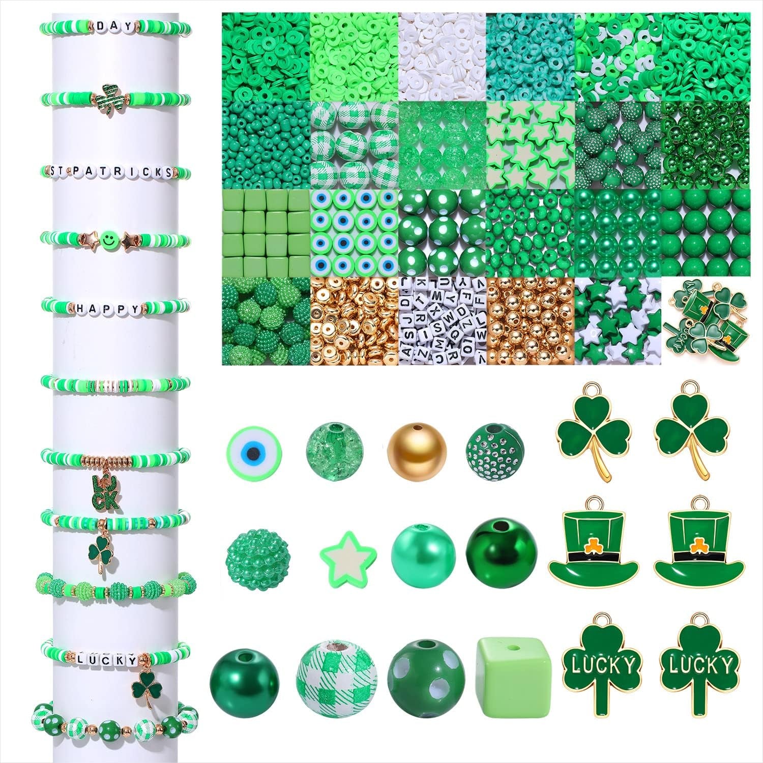 2566PCS+ St. Patrick&#39;S Day Beads for Jewelry Making Green Heishi Pearl Star Letter Clay Wooden Irish round Loose Beads with Enamel Luck Shamrock Hat Pendants for DIY Necklace Bracelets Making Kit