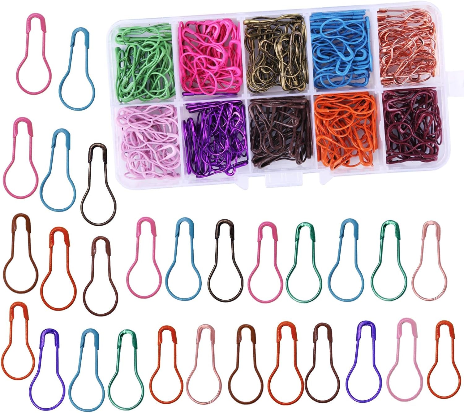 300 Pieces Safety Bulb Pins,10 Colors Calabash Crochet Stitch Markers, Metal Safety Pins for Knitting and DIY Project with Storage Box