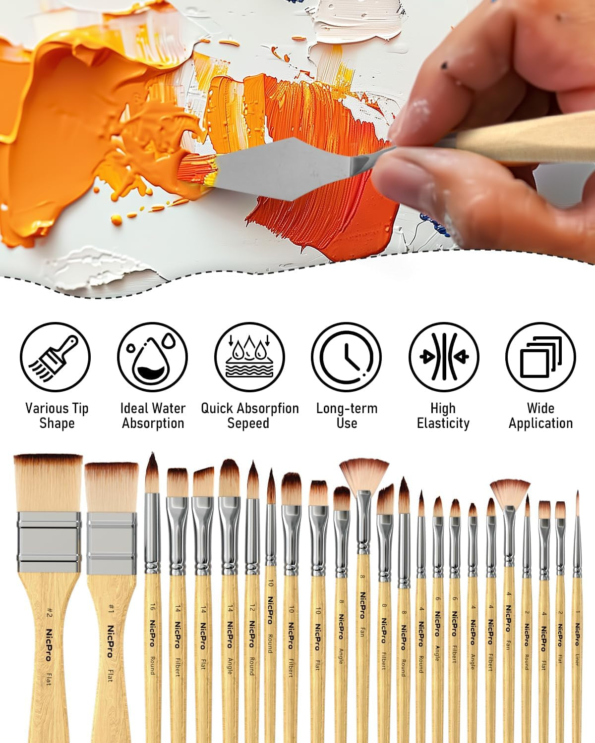 26Pcs Paint Brush Set, Professional Paintbrushes with Palette Knife and Cloth Roll, Artist Paint Brushes for Acrylic Painting, Oil, Watercolor & Gouache, Adults Kids Art Painting Tools Supplies