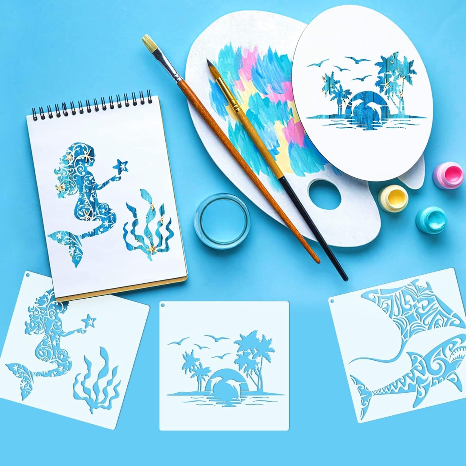 9Pcs Ocean Sea Turtle Jellyfish Dolphin Skeleton Fish Stencils Sea Animal Tropical Template Hawaiian Palm Tree Beach Dolphin Shark Stencils for Painting on Wood DIY Craft Wall Décor (Fancy)
