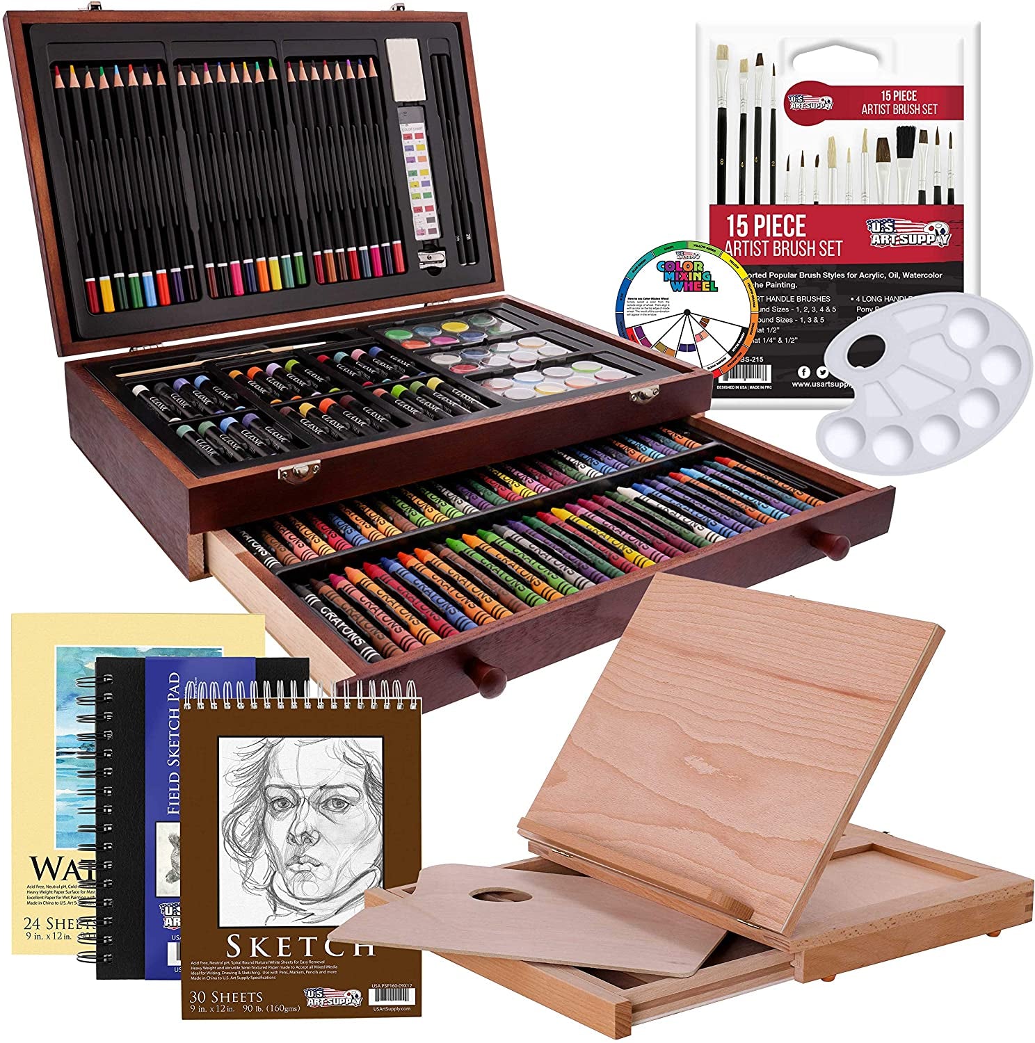 102-Piece Deluxe Wooden Art Supply Set - 24 Watercolors, 17 Brushes, 24 Colored Pencils, Sketch Pads