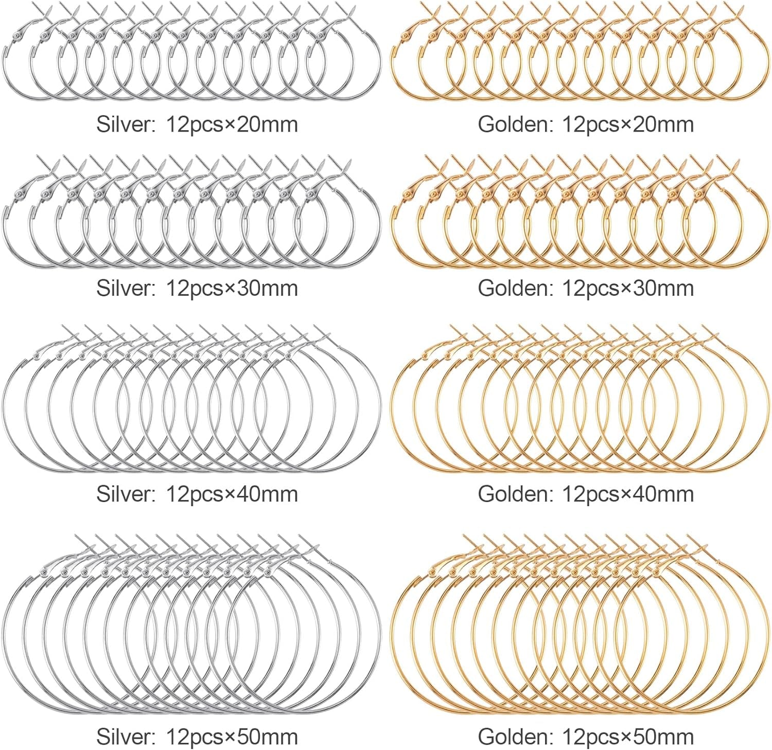 96Pcs Hoop Earrings Finding, Hypoallergenic Alloy round Earring Hoops for Jewelry Making, Gold Silver Open Beading DIY Earrings Craft Art Accessories 20Mm 30Mm 40Mm 50Mm