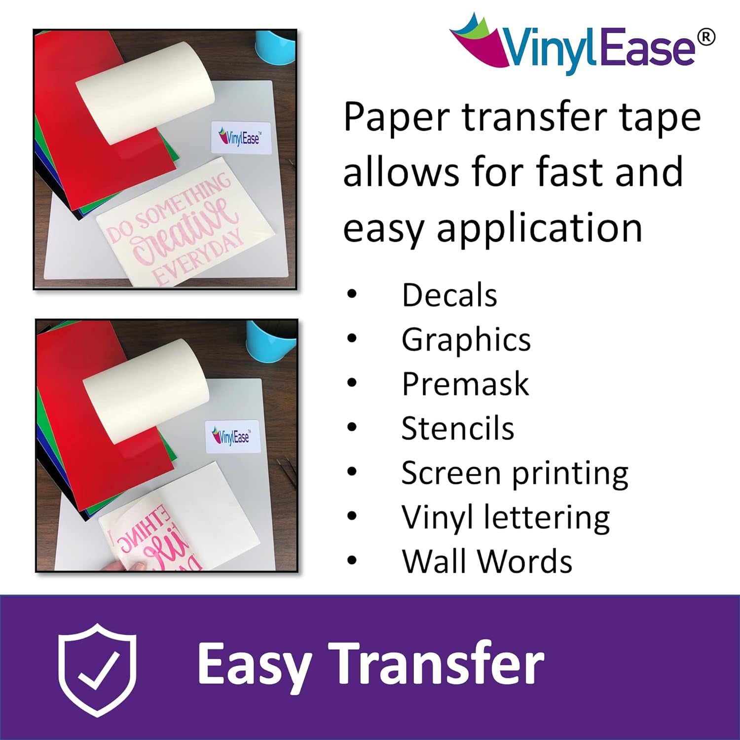 6 Inch X 100 Feet Roll of Paper Transfer Tape with a Medium to High Tack Layflat Adhesive. Works with a Variety of Vinyl. Great for Decals, Signs, Wall Words and More. American Made V0820