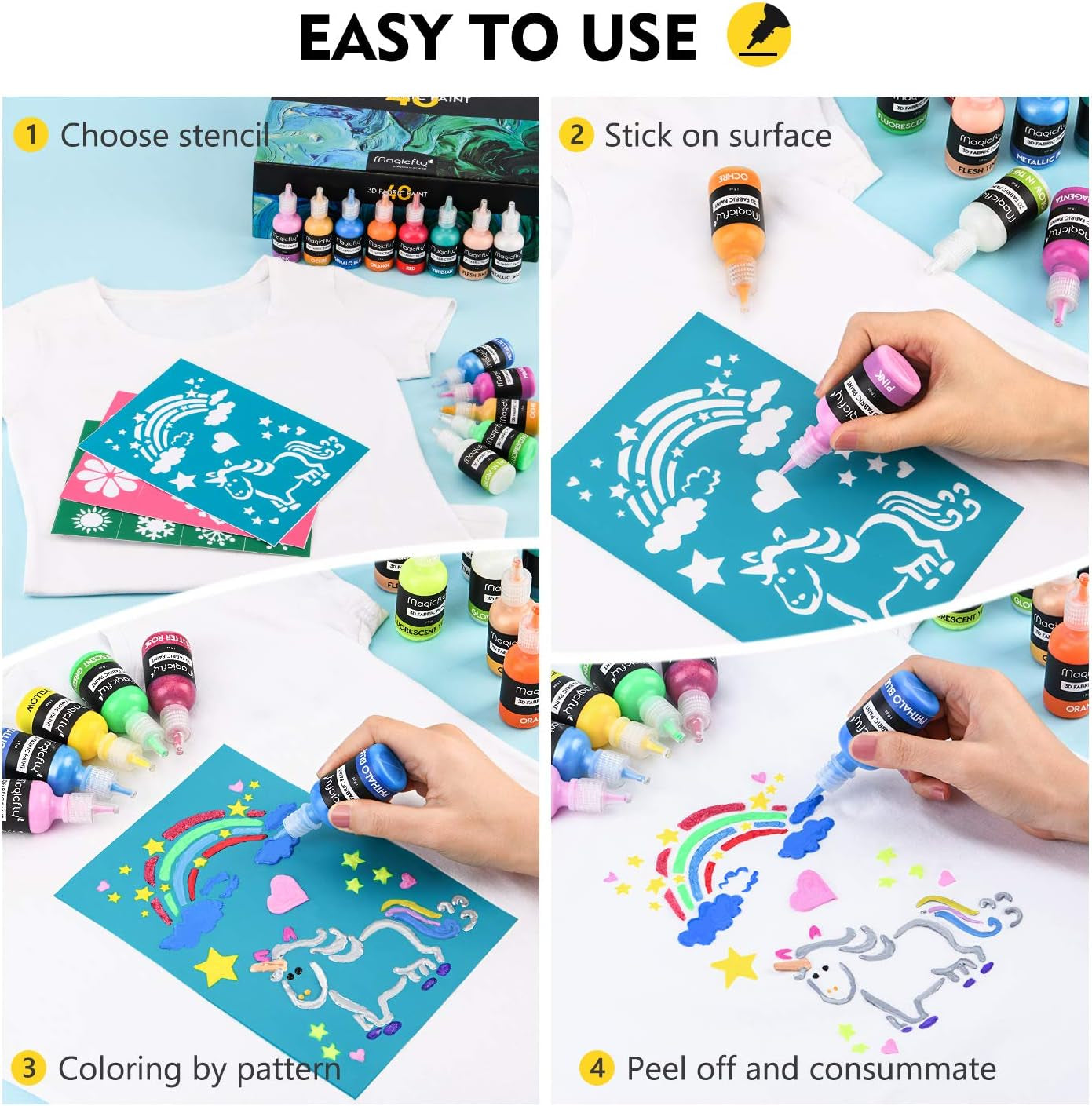 3D Fabric Paint,  40 Colors Permanent Textile Paint with 3 Brushes and Stencils, Permanent Fabric Paint with Fluorescent, Glow in the Dark, Glitter, Metallic Colors for Clothing, T-Shirt, Glas