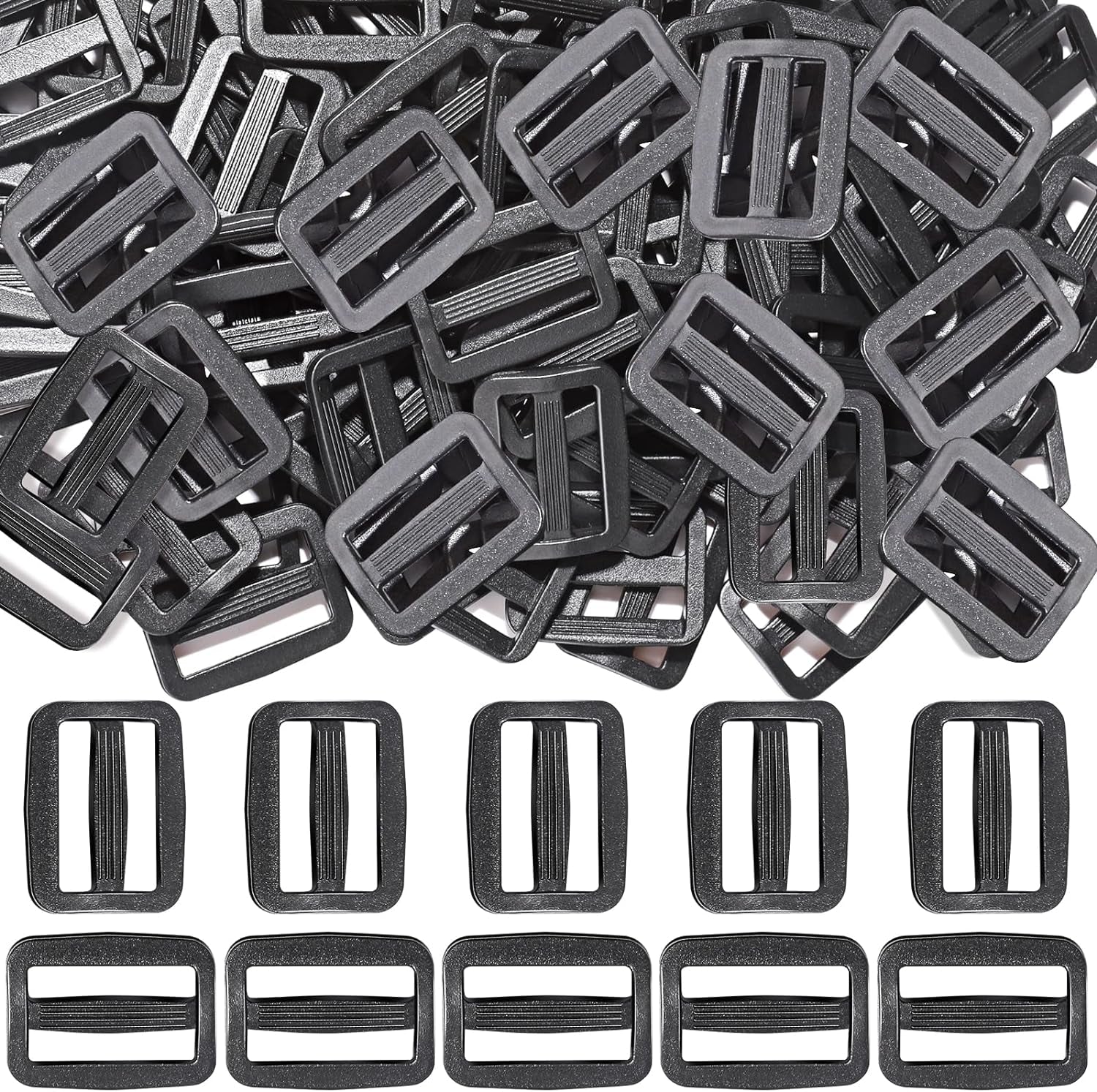 100Pcs 1 Inch Tri Glides Slides, Plastic Slide Buckle Adjustable Webbing Slides Adjusters for Belt Backpack Bags, Black