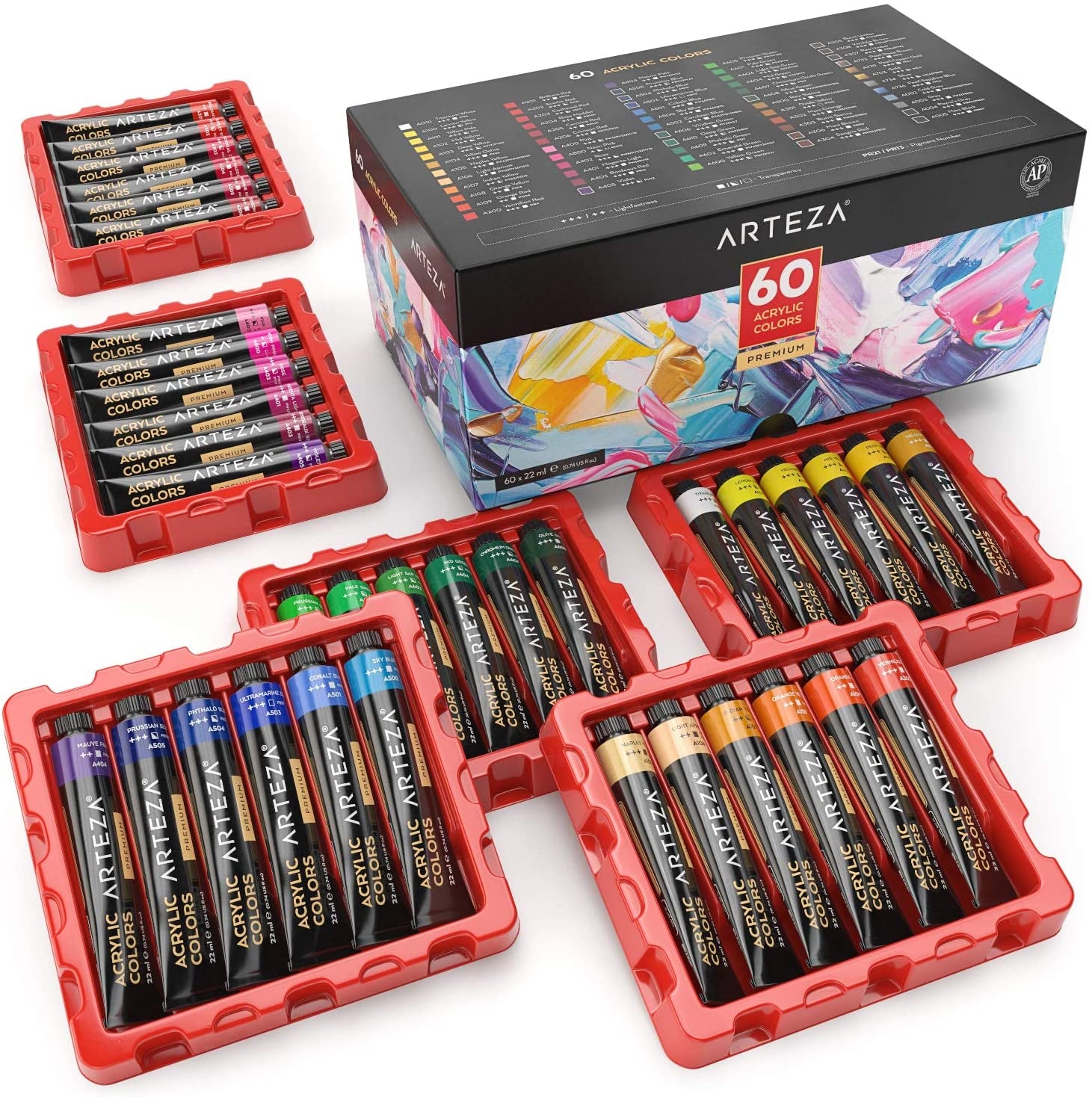 Acrylic Paint Set of 60 Colors, 0.74 Ounces Tubes, 5 Metallic Colors Acrylic Paints, Non-Toxic Artist Paints. Art Supplies for Painting