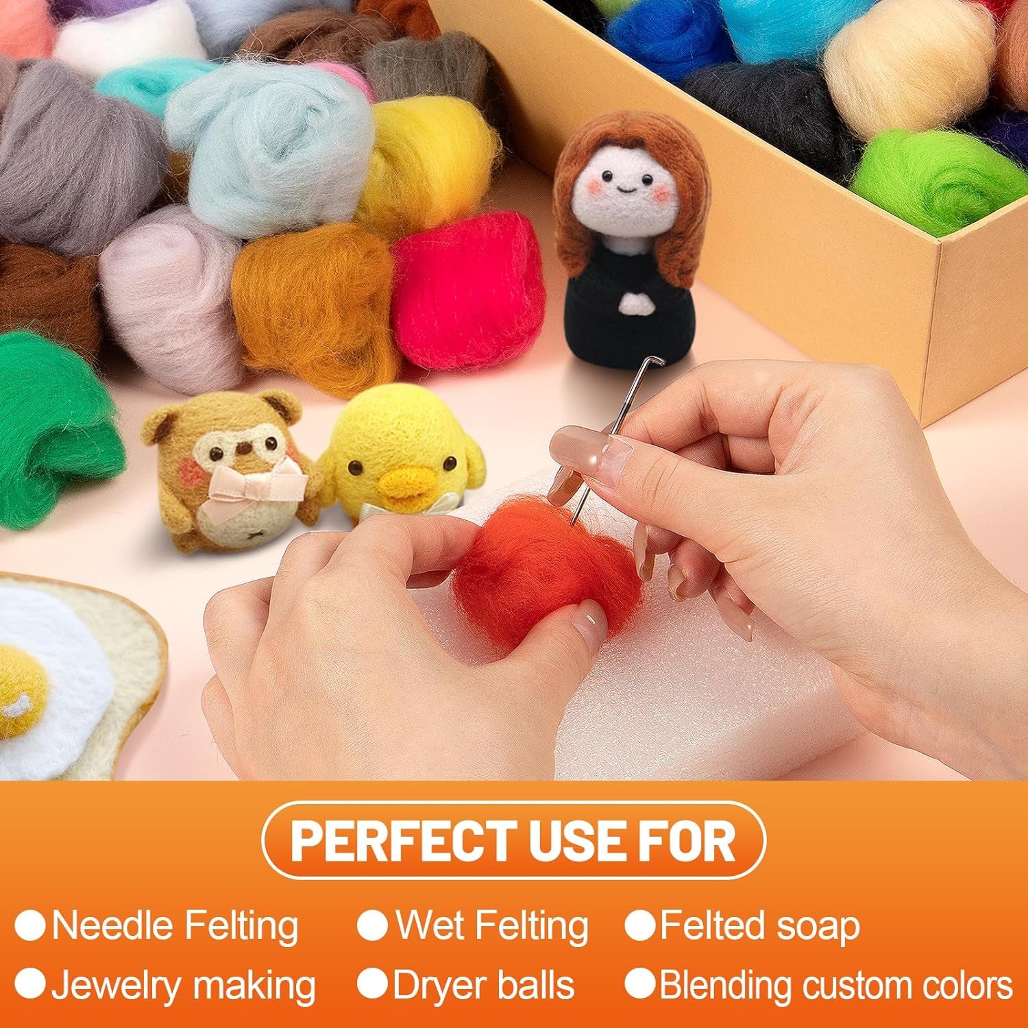 96Pcs 10.4 Oz Needle Felting Wool- 48 Colorful Nature Fibre Wool Yarn Roving Needle Felting Hand Spinning for Wool Felting Yarn Supplies DIY Craft Materials, 3G/Pack