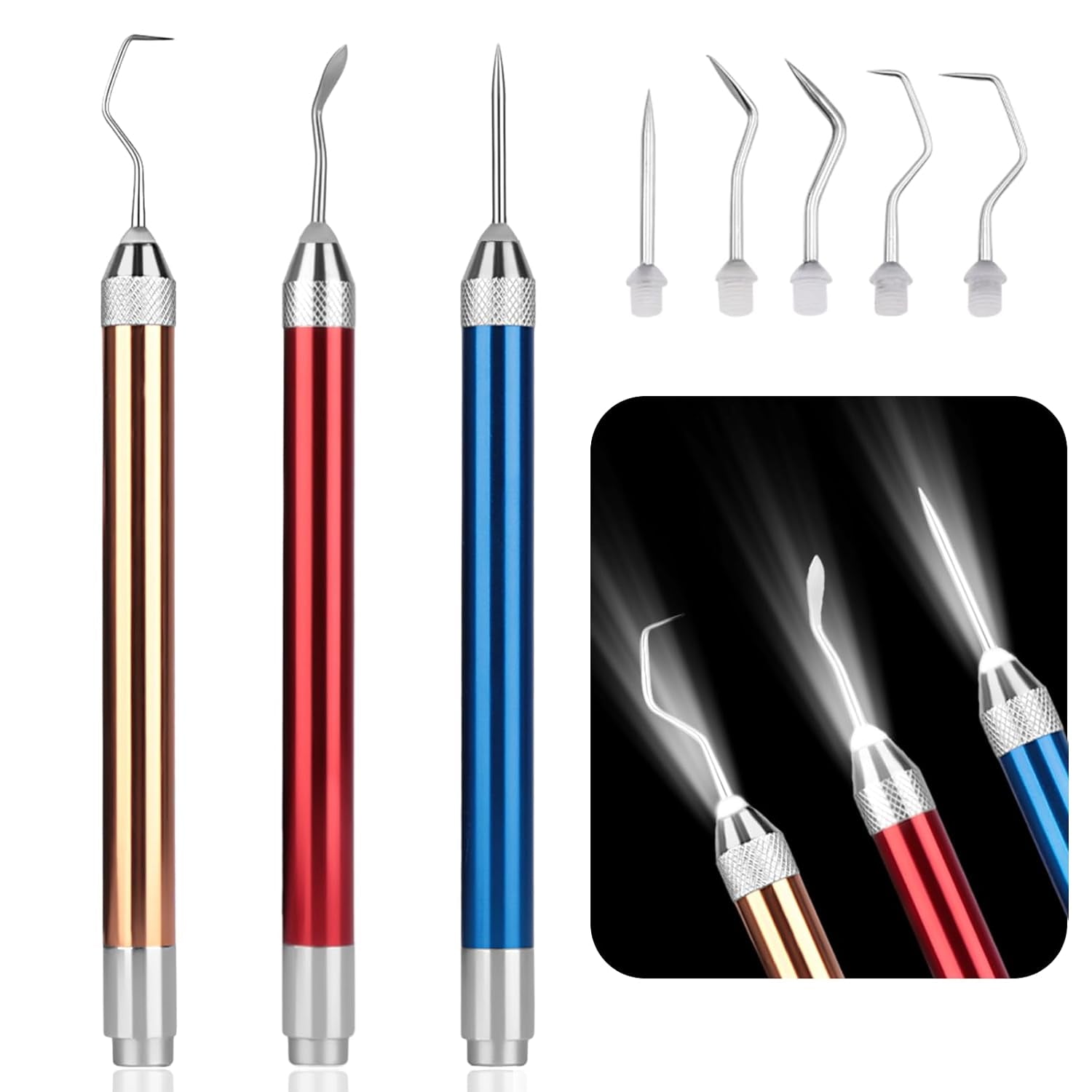 3 Pcs LED Weeding Tools for Vinyl, Vinyl Weeding Tool with 5 Different Hooks Lighted Weeding Tool, LED Weeding Tools for Vinyl with Light for Cameos, Silhouettes, Crafting, DIY