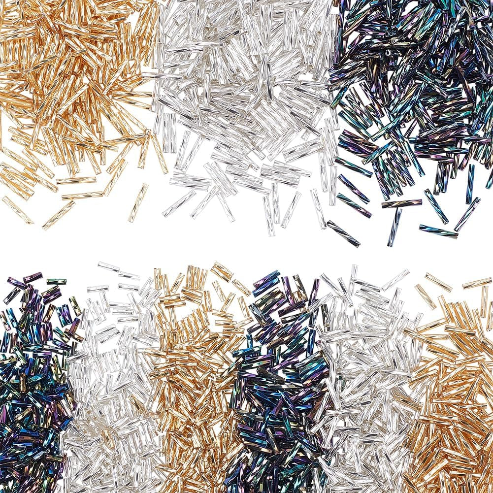 2000Pcs Twisted Bugle Beads, 3 Colors Metallic Bugle Beads 6/9/12Mm Glass Long Tube Seed Bead Craft Beads Loose Spacer Beads for Fringe Earrings Bracelets Necklaces Jewelry Crafts Making