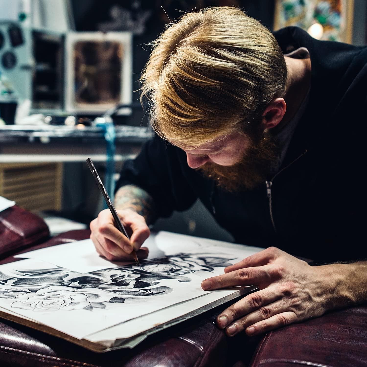 Professional Charcoal Pencils Drawing Set - 8 Pieces Soft Medium and Hard Charcoal Pencils for Drawing, Sketching, Shading