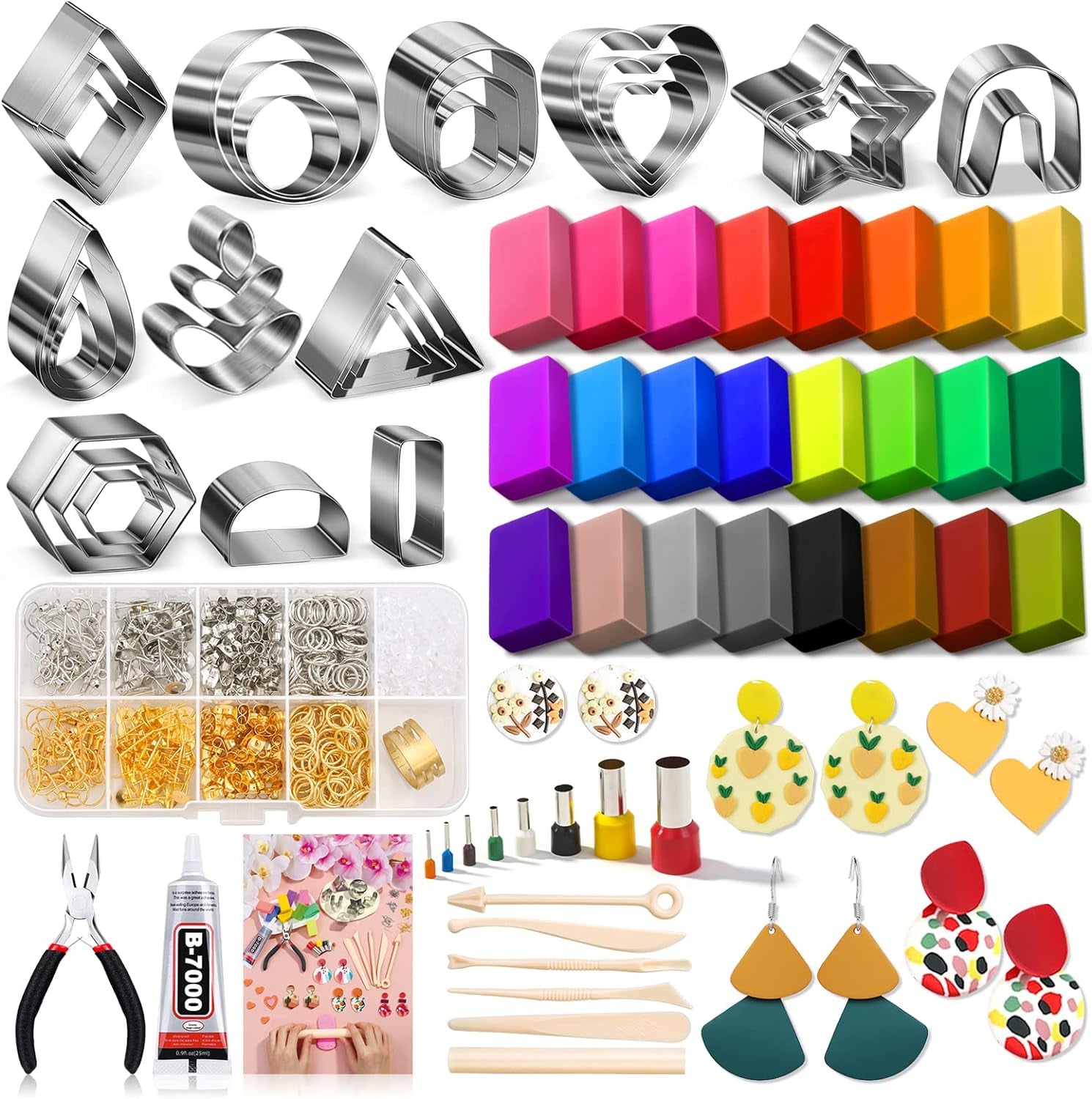 Polymer Clay Earring Making Kit- 30 Clay Earring Cutters, 24 Color Polymer Clay, 8 Circle Cutters, Rollers, B7000 Glue, 640 PCS Earring Making Tools Accessories for Jewelry DIY (Instructions Include)