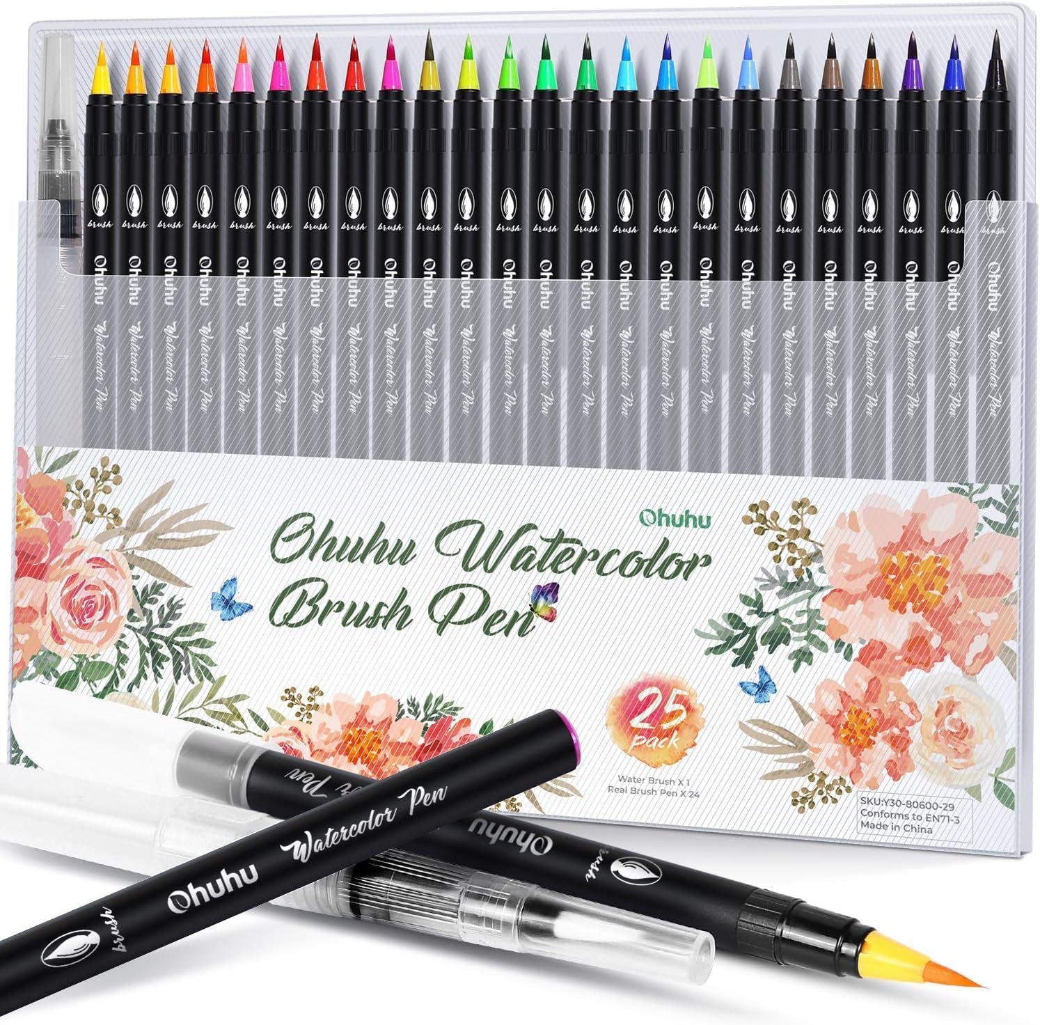 Professional Watercolor Brush Markers Pen 24 Colors of , Water Based Drawing Marker Brushes W/A Blending Aqua Pen, Water Soluble for Adult Coloring Books Comic Calligraphy